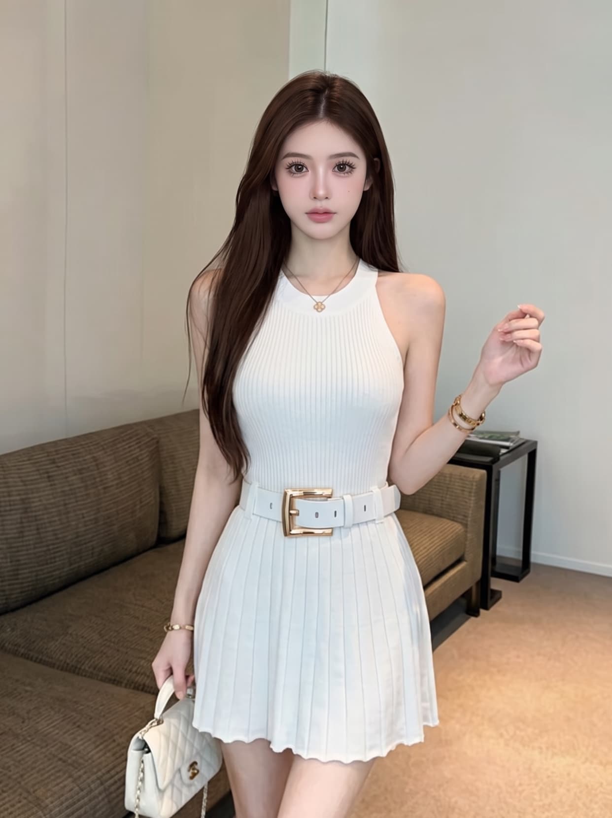 실사 작은 키 순수한 욕망 바람 행침 목 수직 구덩이 기사 니트 플리츠 스커트 민소매 허리 수축 드레스 벨트 포함 상세 이미지 3