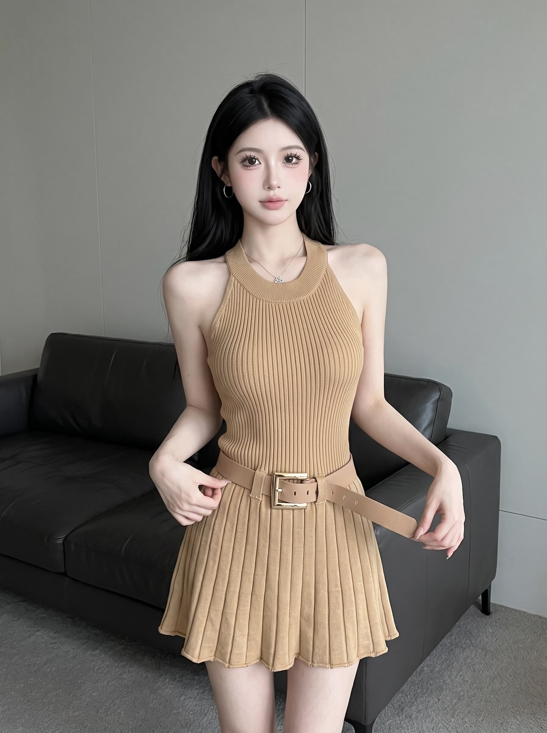 실사 작은 키 순수한 욕망 바람 행침 목 수직 구덩이 기사 니트 플리츠 스커트 민소매 허리 수축 드레스 벨트 포함 상세 이미지 6