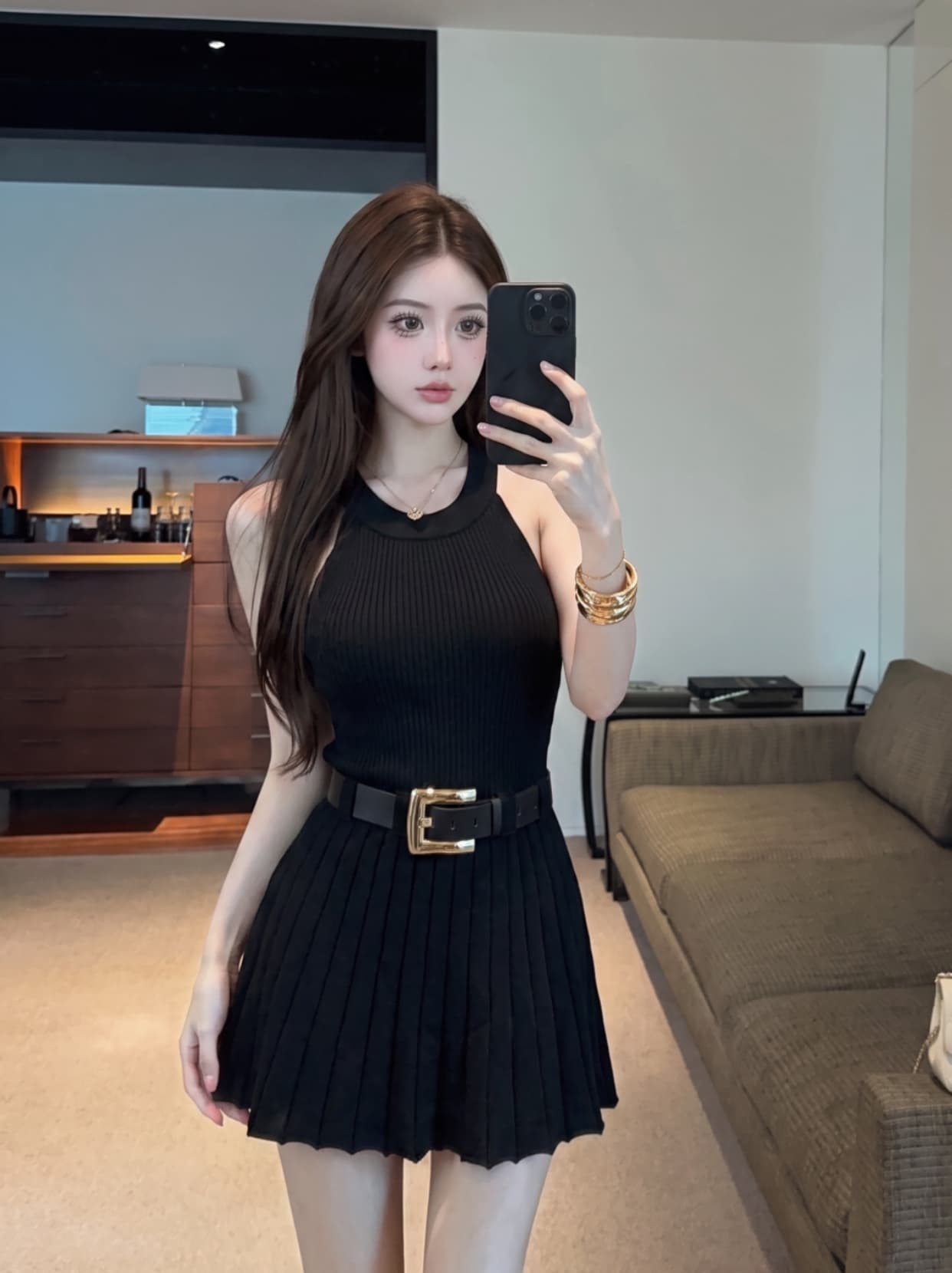 실사 작은 키 순수한 욕망 바람 행침 목 수직 구덩이 기사 니트 플리츠 스커트 민소매 허리 수축 드레스 벨트 포함 상세 이미지 13
