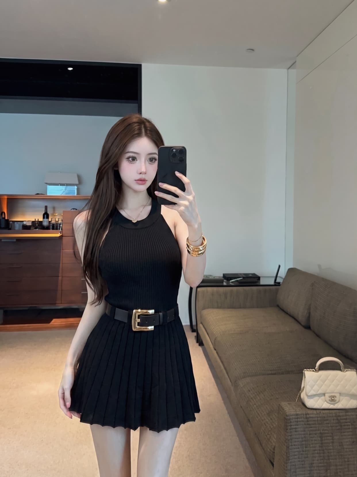 실사 작은 키 순수한 욕망 바람 행침 목 수직 구덩이 기사 니트 플리츠 스커트 민소매 허리 수축 드레스 벨트 포함 상세 이미지 14