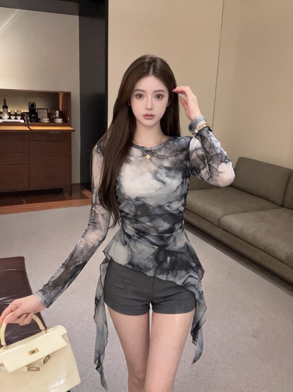 실사 라운드 넥 헤일로 염색 프릴 리본 불규칙 긴팔 망사 맨위 주름 풀오버 캐주얼 티셔츠 여성 상세 이미지 8