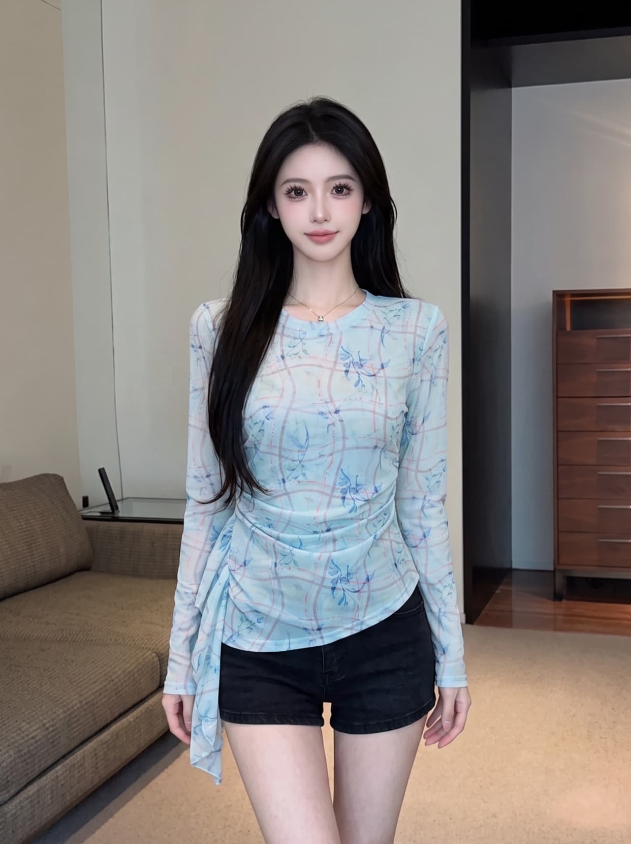 실사 일본식 프릴 긴팔 티셔츠 여성 여름 루즈핏 다용도 망사 기본 셔츠 맨위 밑단 스택 착용 인사이드 가져 가라. 이미지 5