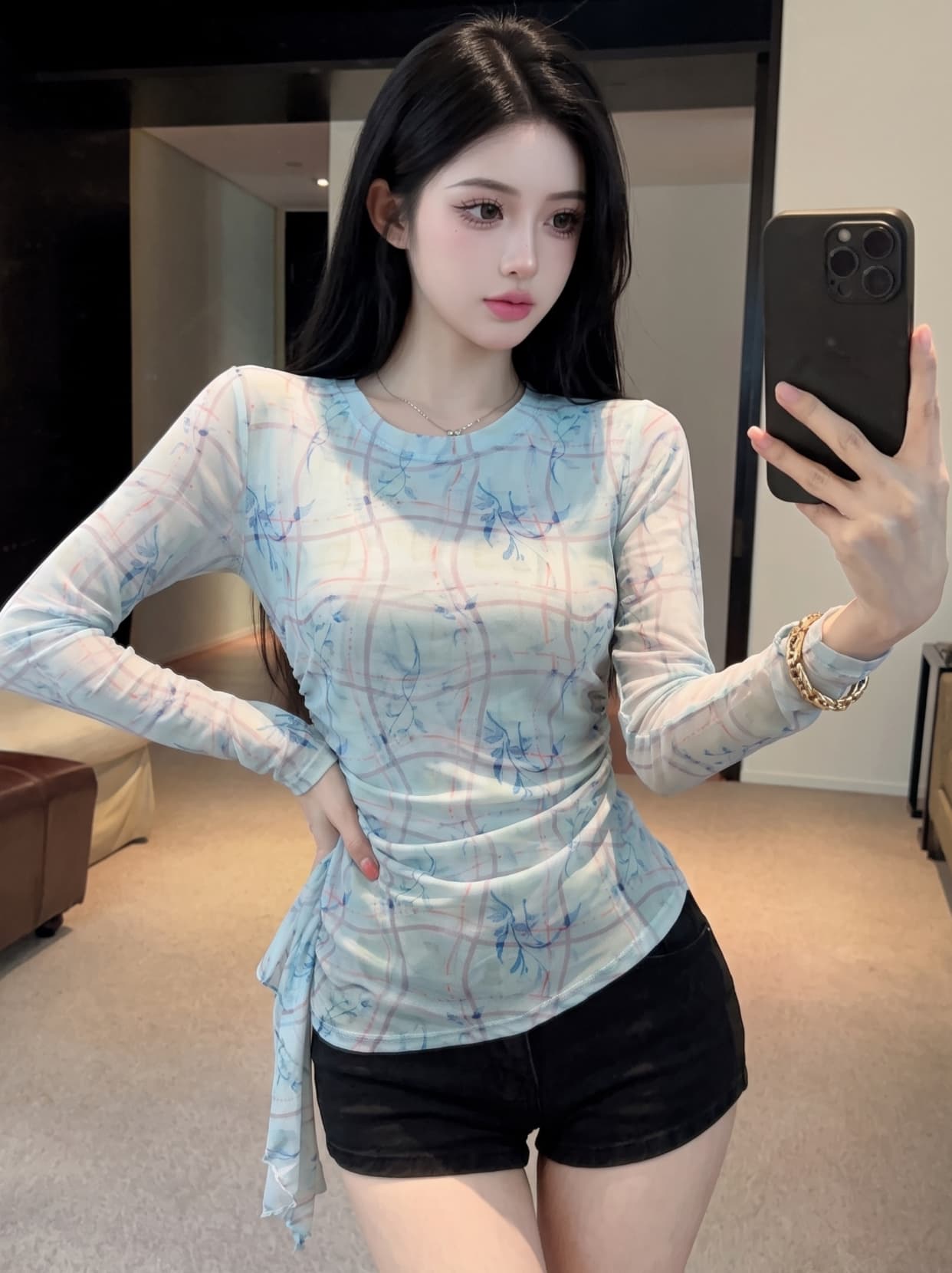 실사 일본식 프릴 긴팔 티셔츠 여성 여름 루즈핏 다용도 망사 기본 셔츠 맨위 밑단 스택 착용 인사이드 가져 가라. 상세 이미지 1