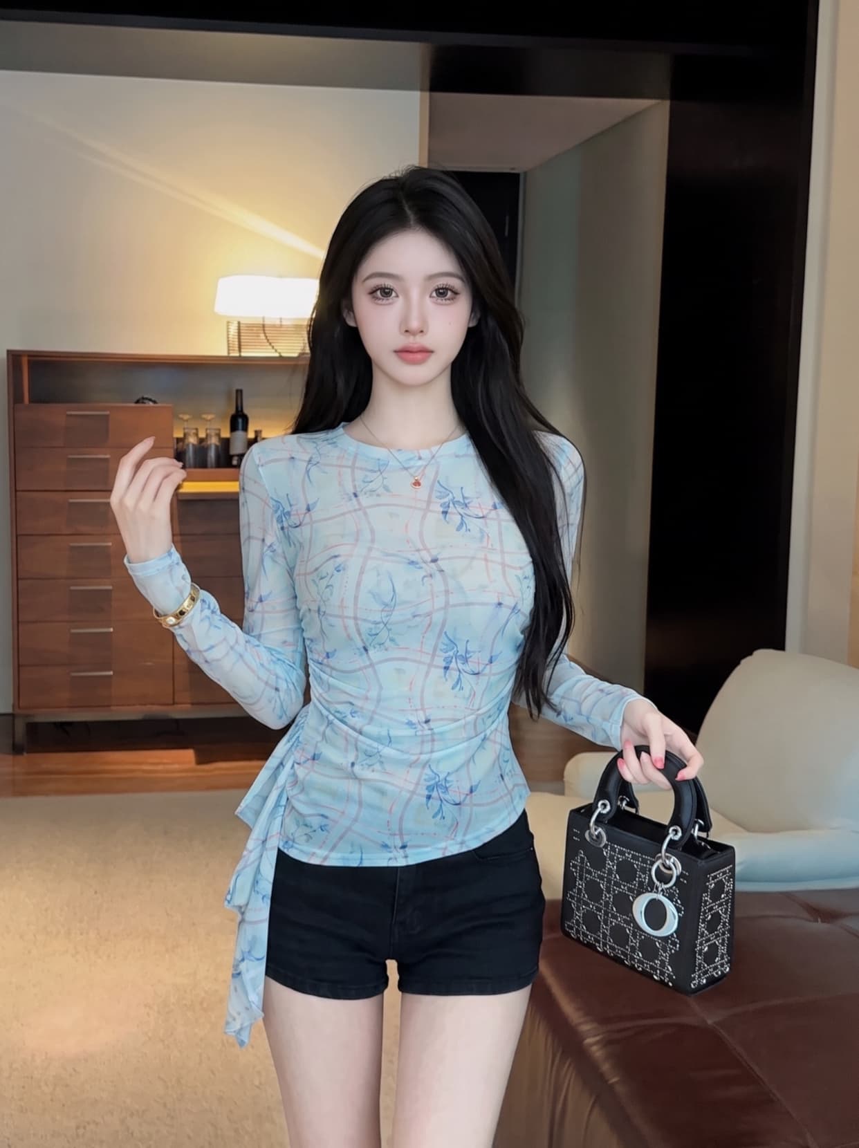실사 일본식 프릴 긴팔 티셔츠 여성 여름 루즈핏 다용도 망사 기본 셔츠 맨위 밑단 스택 착용 인사이드 가져 가라. 상세 이미지 2