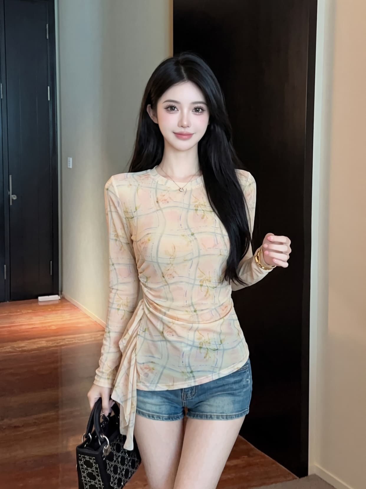 실사 일본식 프릴 긴팔 티셔츠 여성 여름 루즈핏 다용도 망사 기본 셔츠 맨위 밑단 스택 착용 인사이드 가져 가라. 상세 이미지 10