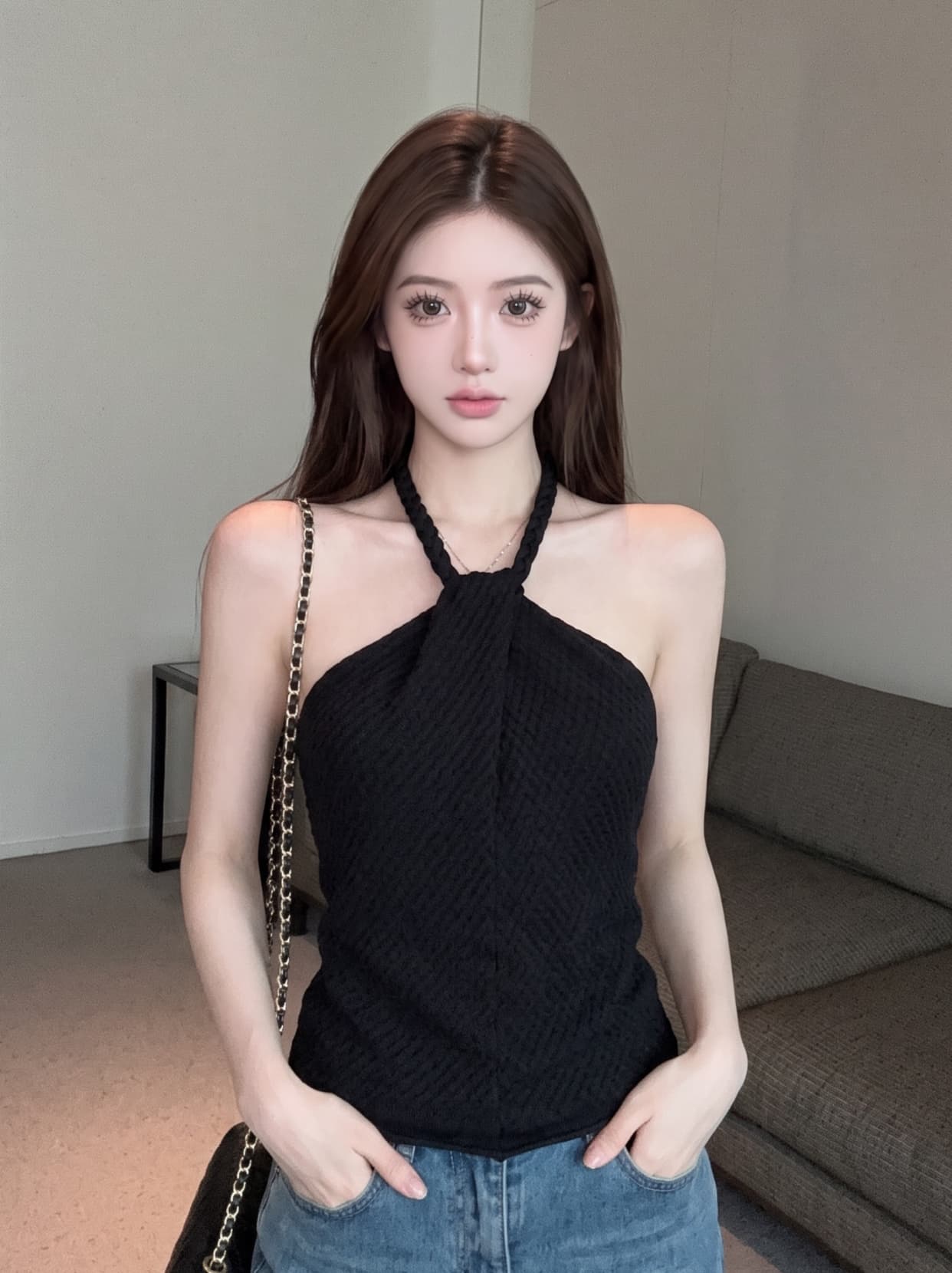 실사 순수한 욕망 핫걸 비틀림 디자인 행침 목 니트 슬립 여성 여름 몸매 가꾸기 섹시함 발굴하다 어깨 민소매 맨위 이미지 5