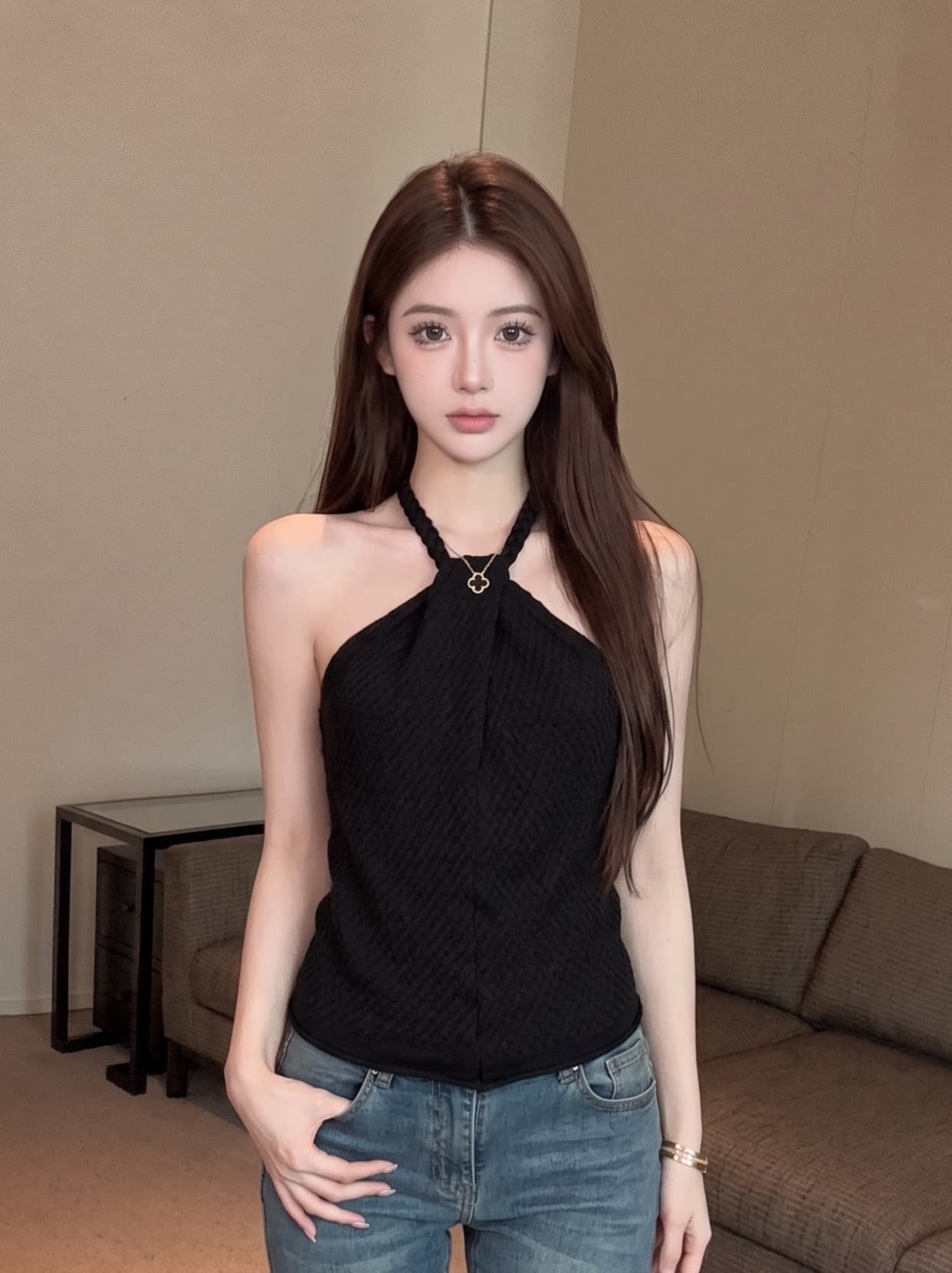 실사 순수한 욕망 핫걸 비틀림 디자인 행침 목 니트 슬립 여성 여름 몸매 가꾸기 섹시함 발굴하다 어깨 민소매 맨위 상세 이미지 3