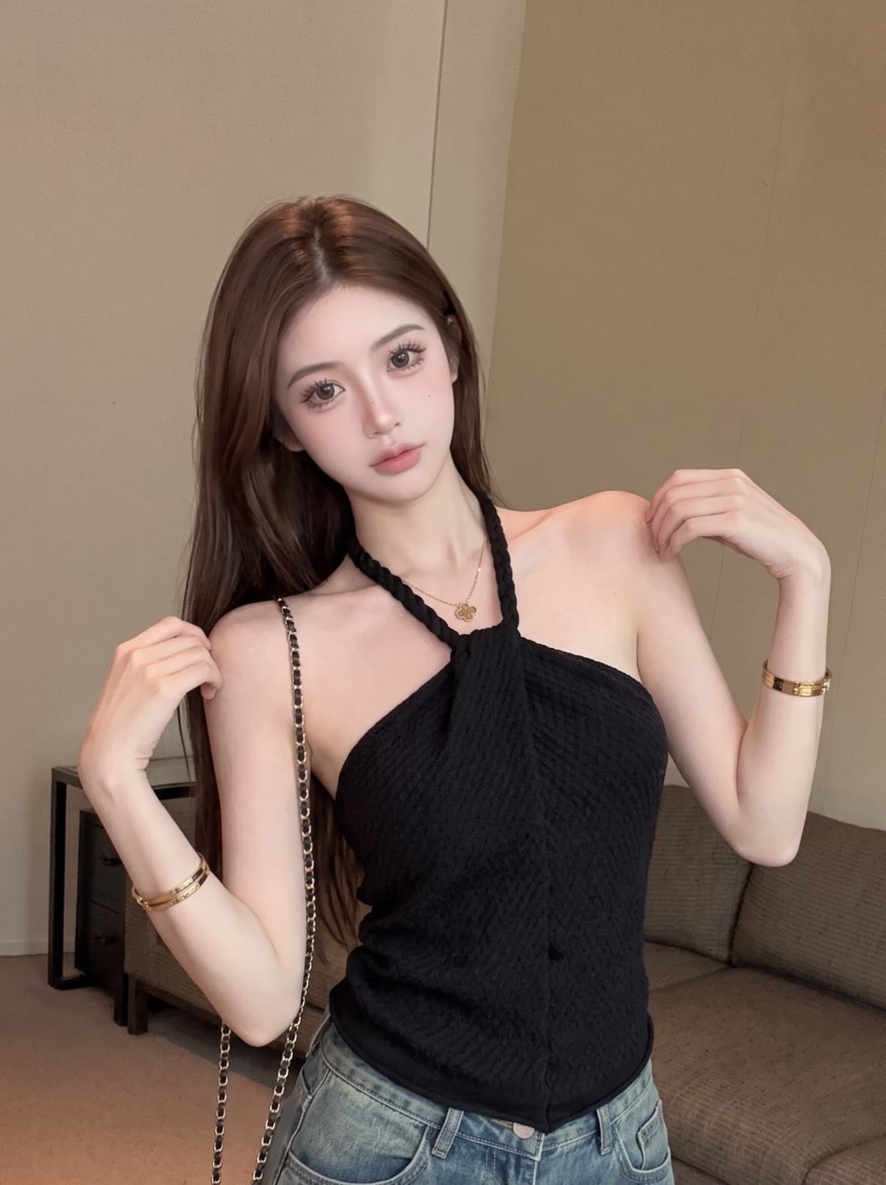 실사 순수한 욕망 핫걸 비틀림 디자인 행침 목 니트 슬립 여성 여름 몸매 가꾸기 섹시함 발굴하다 어깨 민소매 맨위 상세 이미지 4