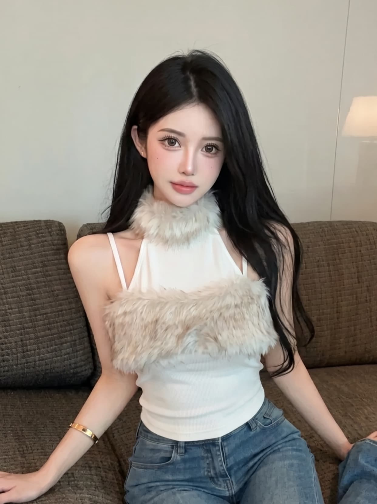실사 순수한 욕망 달콤한 매운맛 행침 목 모피 패치워크 조끼 오프숄더 하이웨이스트 쇼트 스타일 몸매 가꾸기 슬림해 보이는 민소매 맨위 트렌디 이미지 4