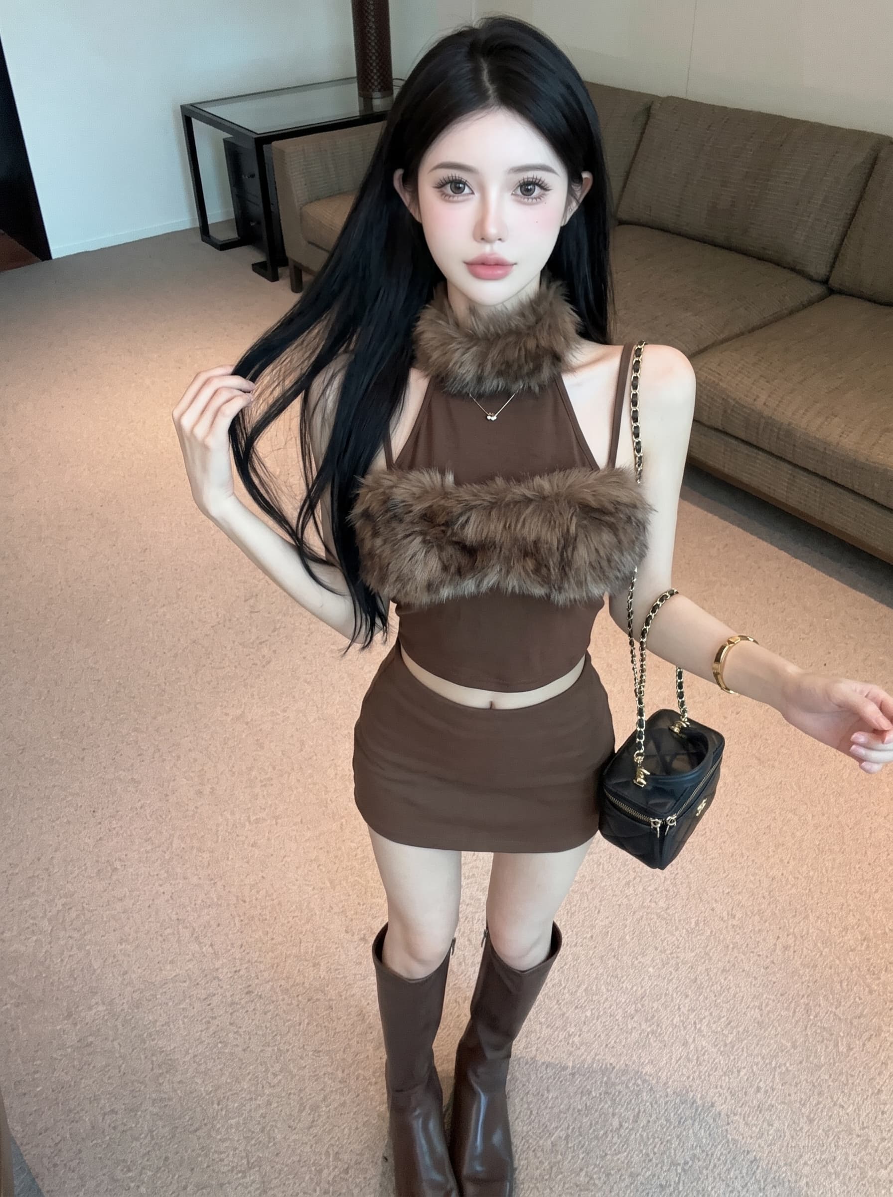 실사 순수한 욕망 달콤한 매운맛 행침 목 모피 패치워크 조끼 오프숄더 하이웨이스트 쇼트 스타일 몸매 가꾸기 슬림해 보이는 민소매 맨위 트렌디 이미지 5