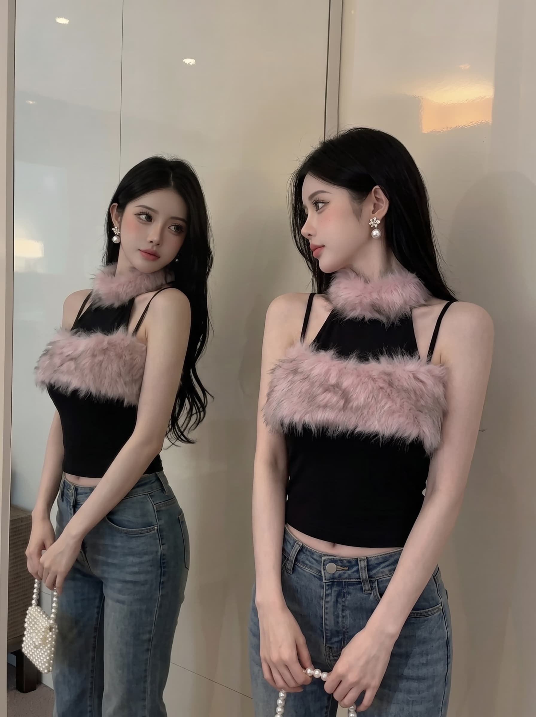 실사 순수한 욕망 달콤한 매운맛 행침 목 모피 패치워크 조끼 오프숄더 하이웨이스트 쇼트 스타일 몸매 가꾸기 슬림해 보이는 민소매 맨위 트렌디 이미지 3