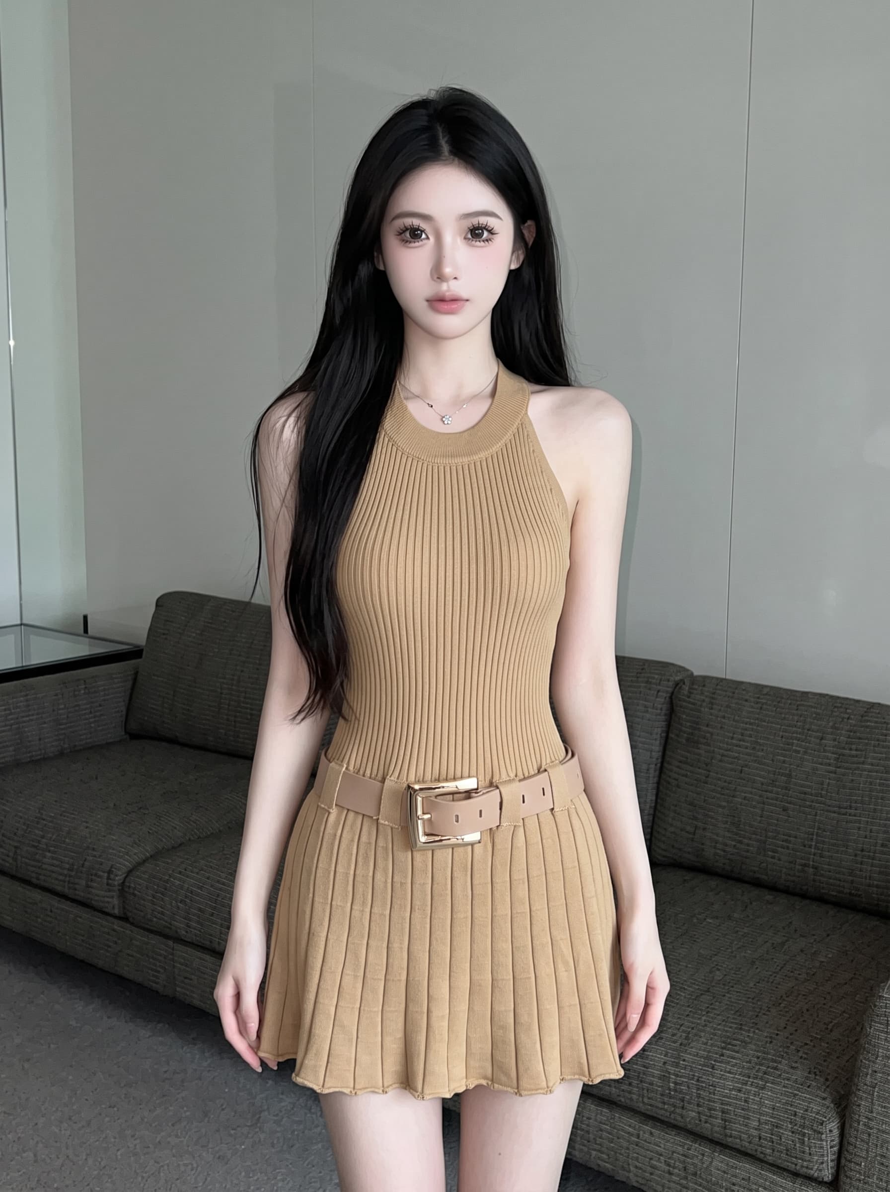 실사 작은 키 순수한 욕망 바람 행침 목 수직 구덩이 기사 니트 플리츠 스커트 민소매 허리 수축 드레스 벨트 포함 이미지 2