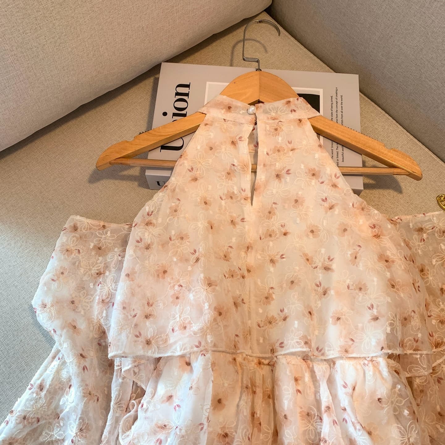 실사 프랑스식 꽃무늬 행침 목 시폰 셔츠 여성 여름 새로운 Chic 자카드 레이스 셔츠 거품 소매 작은 맨위 상세 이미지 10