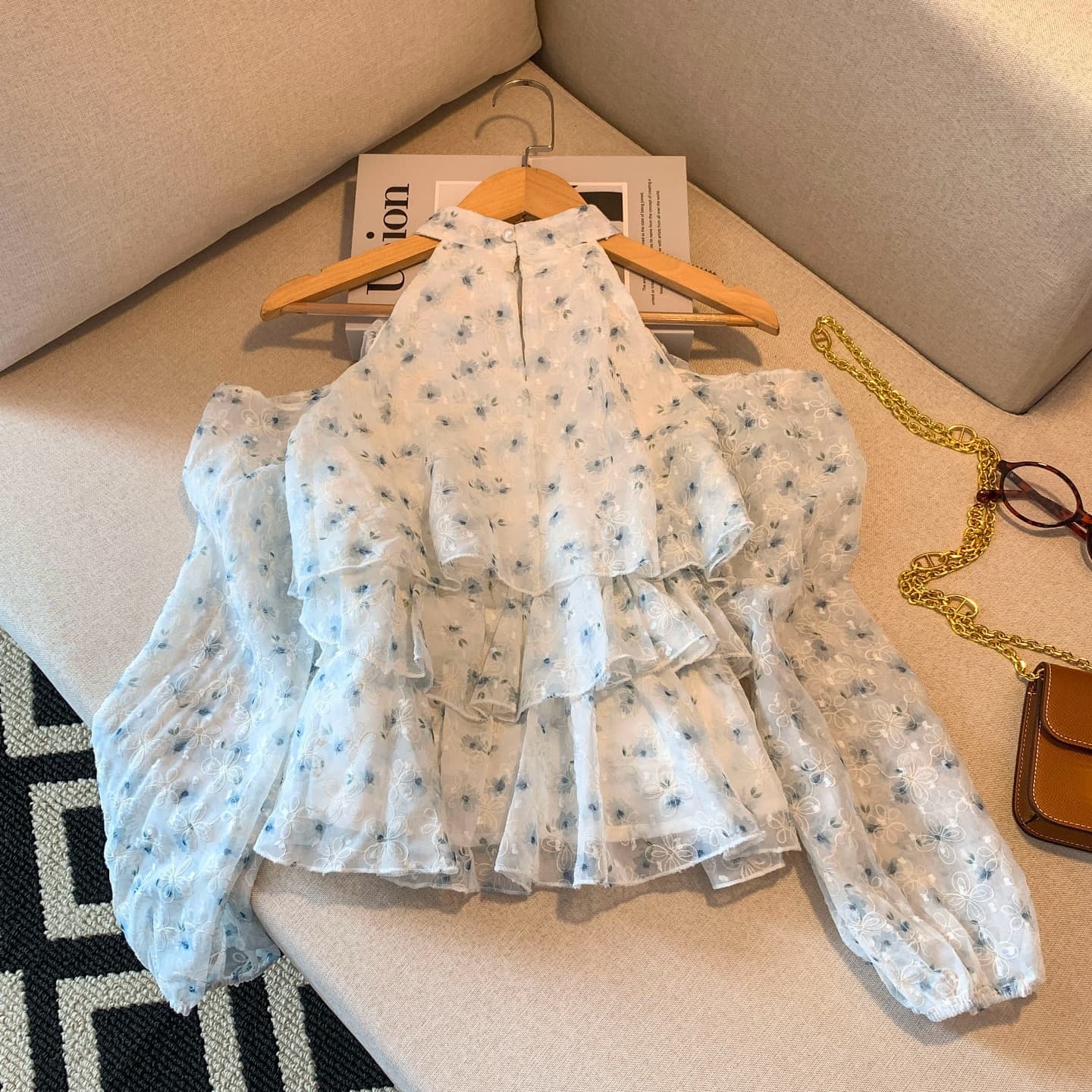 실사 프랑스식 꽃무늬 행침 목 시폰 셔츠 여성 여름 새로운 Chic 자카드 레이스 셔츠 거품 소매 작은 맨위 상세 이미지 17