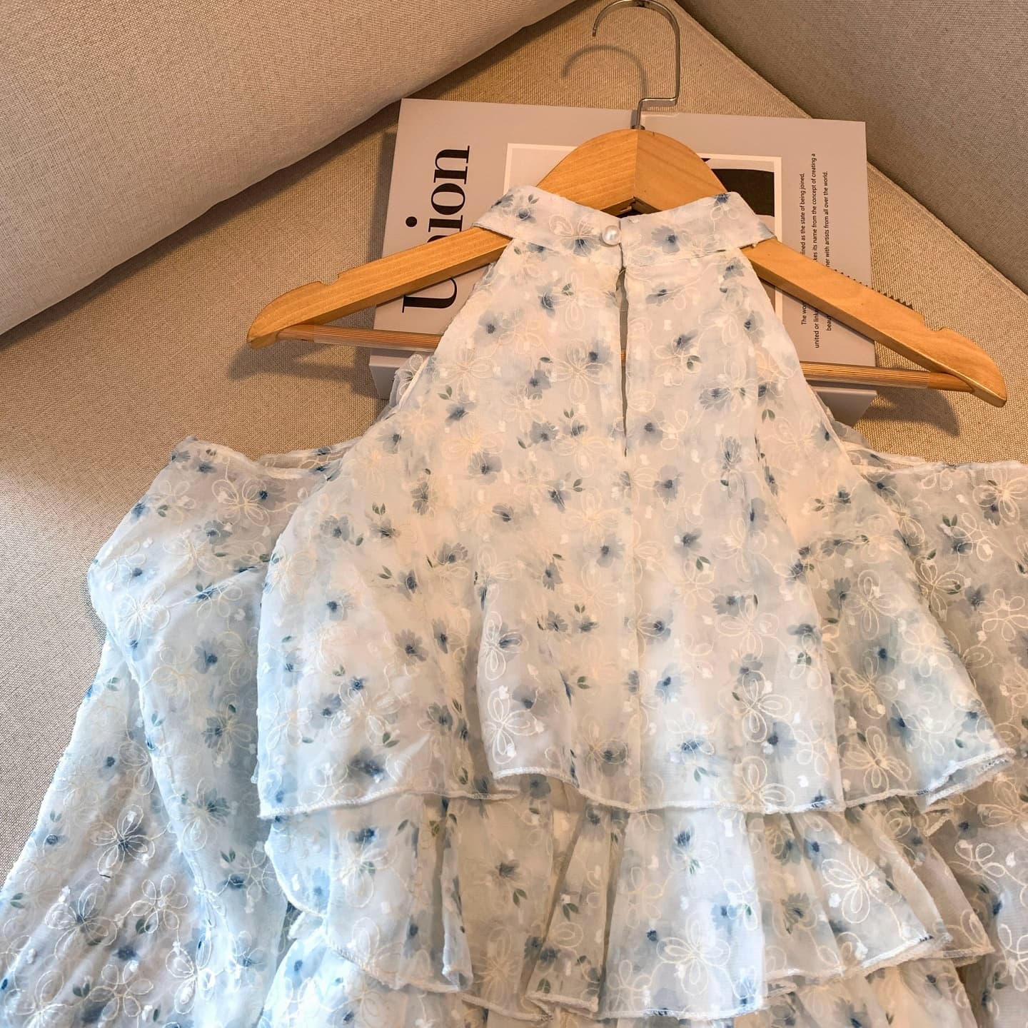 실사 프랑스식 꽃무늬 행침 목 시폰 셔츠 여성 여름 새로운 Chic 자카드 레이스 셔츠 거품 소매 작은 맨위 상세 이미지 18