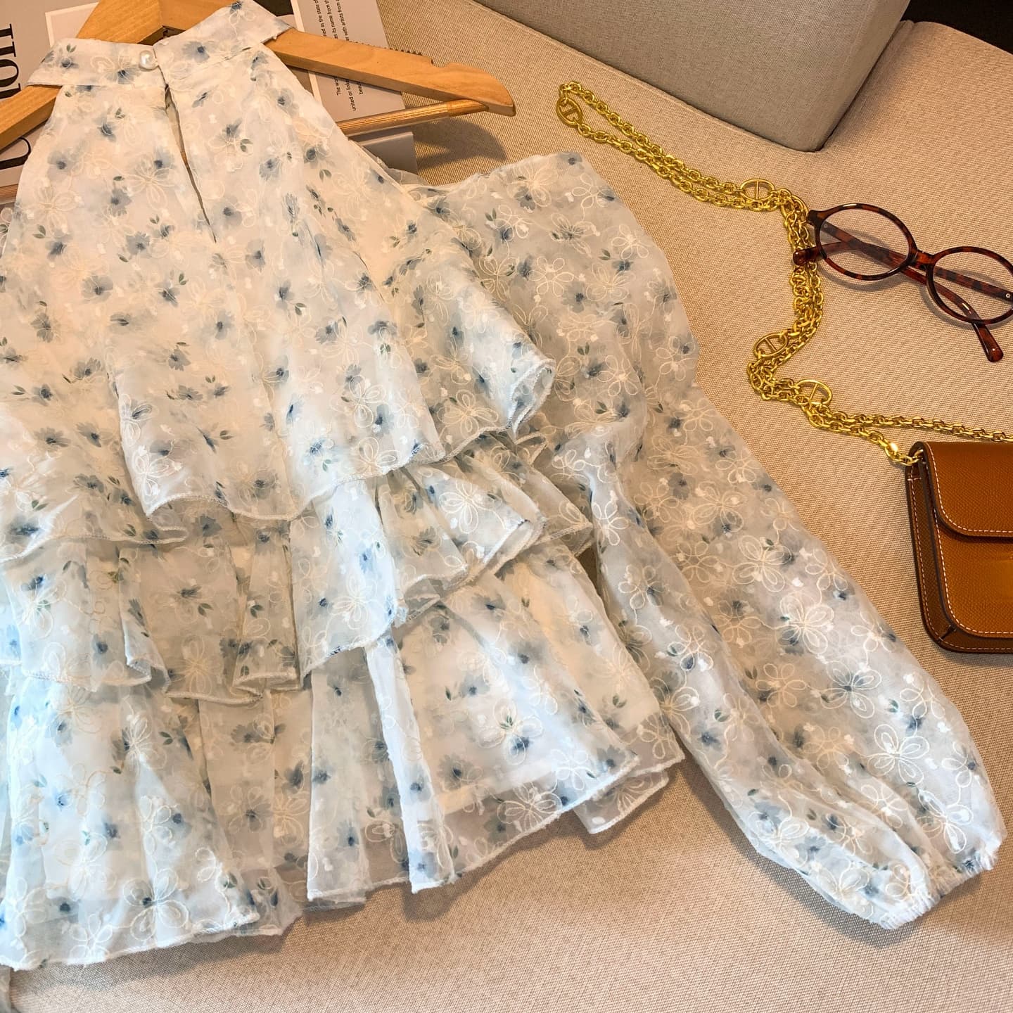 실사 프랑스식 꽃무늬 행침 목 시폰 셔츠 여성 여름 새로운 Chic 자카드 레이스 셔츠 거품 소매 작은 맨위 상세 이미지 19