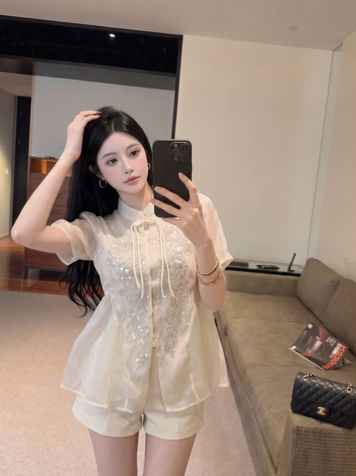 실사 프랑스식 궁정 바람 무거운 작업 스팽글 단추 반팔 셔츠 새로운 중식 품격 루즈핏 다용도 맨위 상세 이미지 1