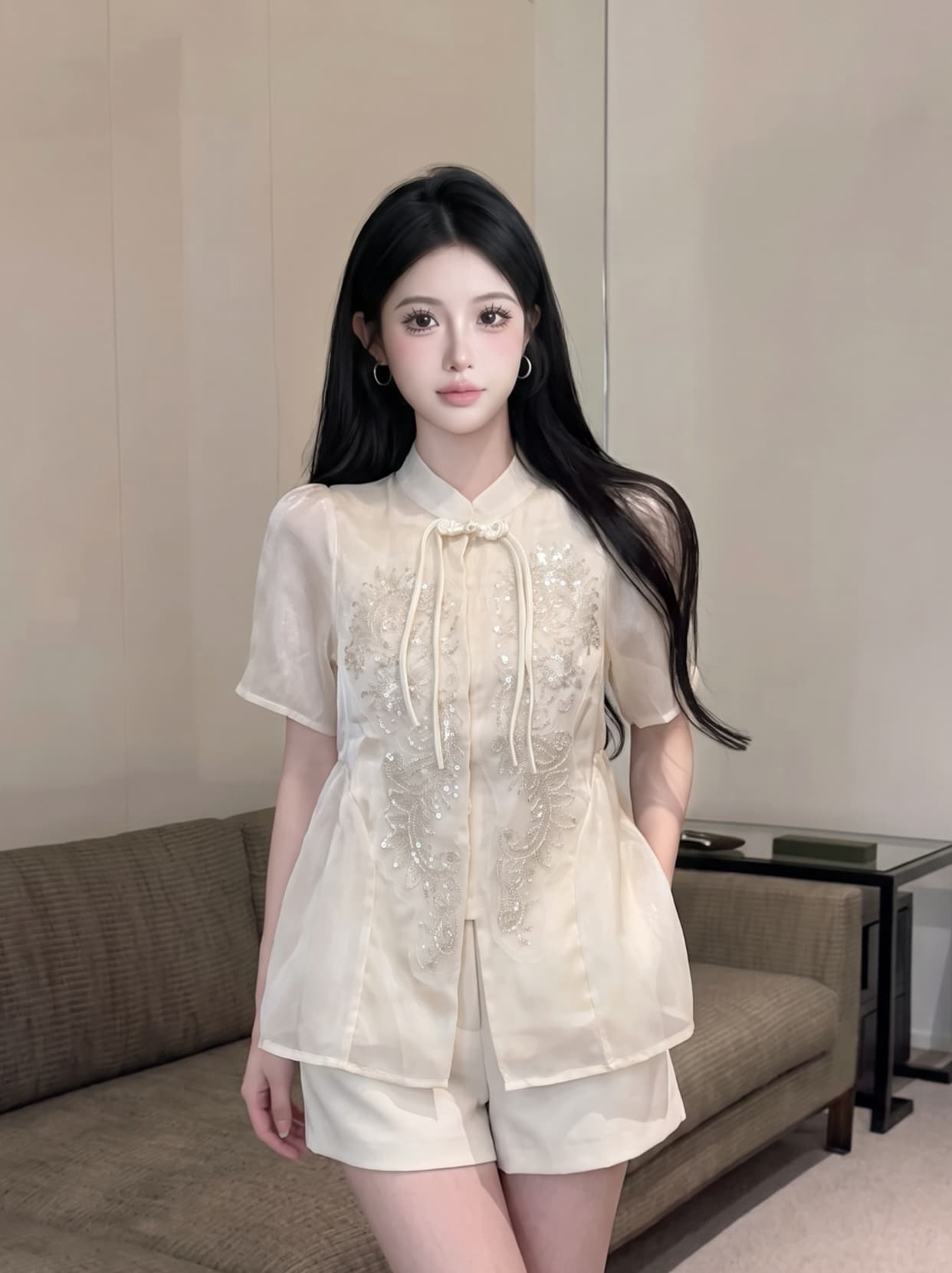 실사 프랑스식 궁정 바람 무거운 작업 스팽글 단추 반팔 셔츠 새로운 중식 품격 루즈핏 다용도 맨위 상세 이미지 2