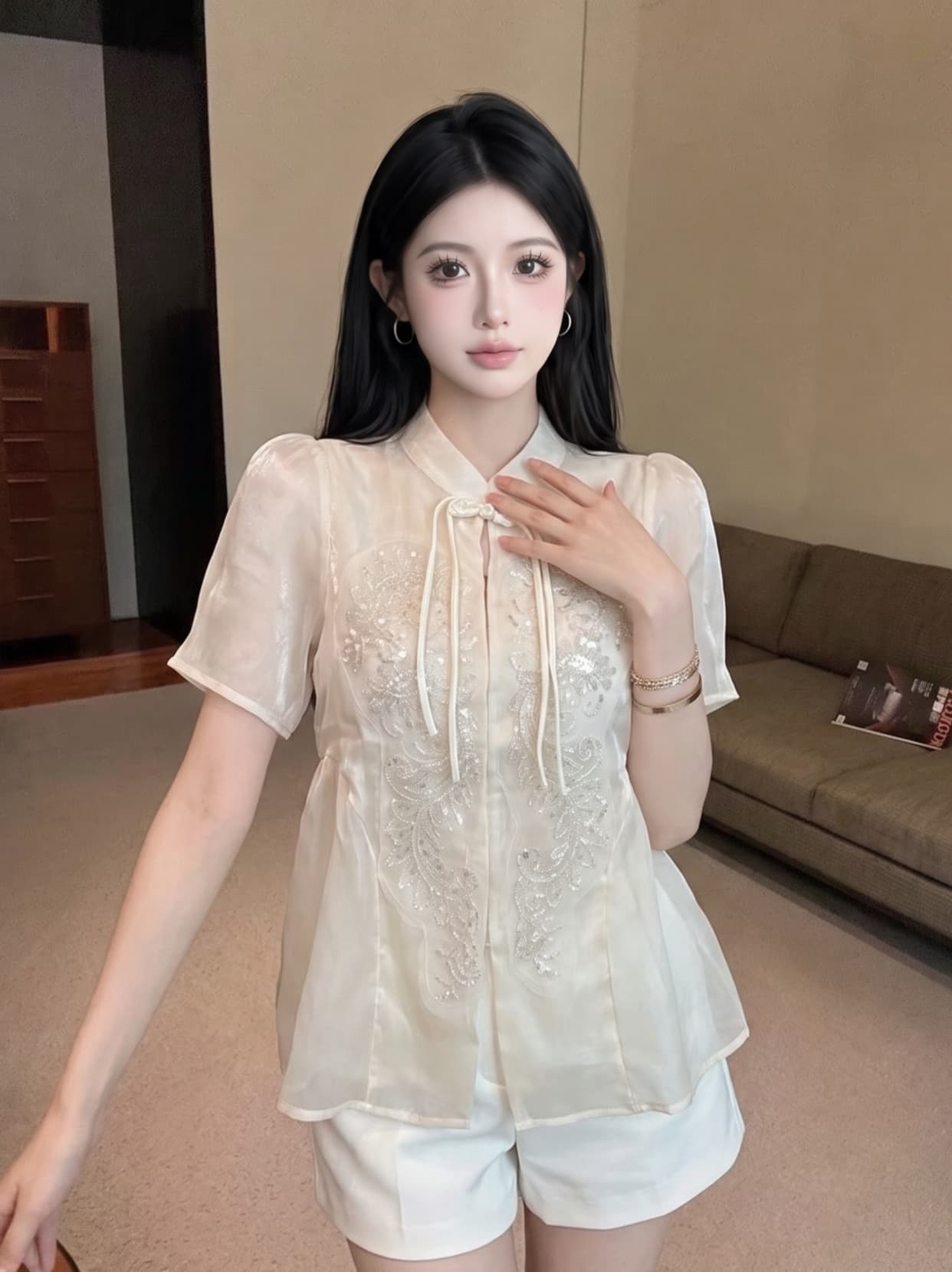 실사 프랑스식 궁정 바람 무거운 작업 스팽글 단추 반팔 셔츠 새로운 중식 품격 루즈핏 다용도 맨위 상세 이미지 4