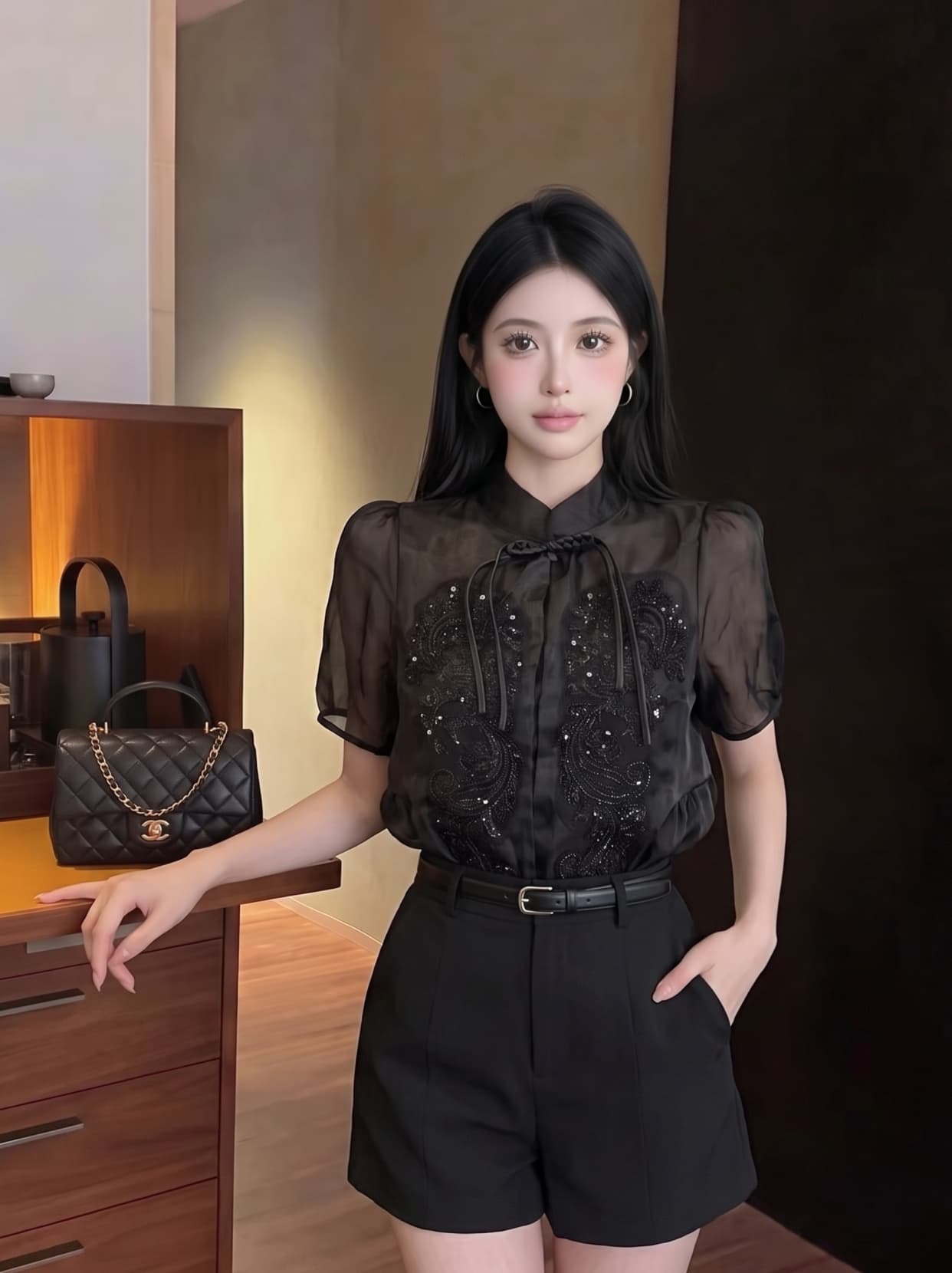 실사 프랑스식 궁정 바람 무거운 작업 스팽글 단추 반팔 셔츠 새로운 중식 품격 루즈핏 다용도 맨위 상세 이미지 7