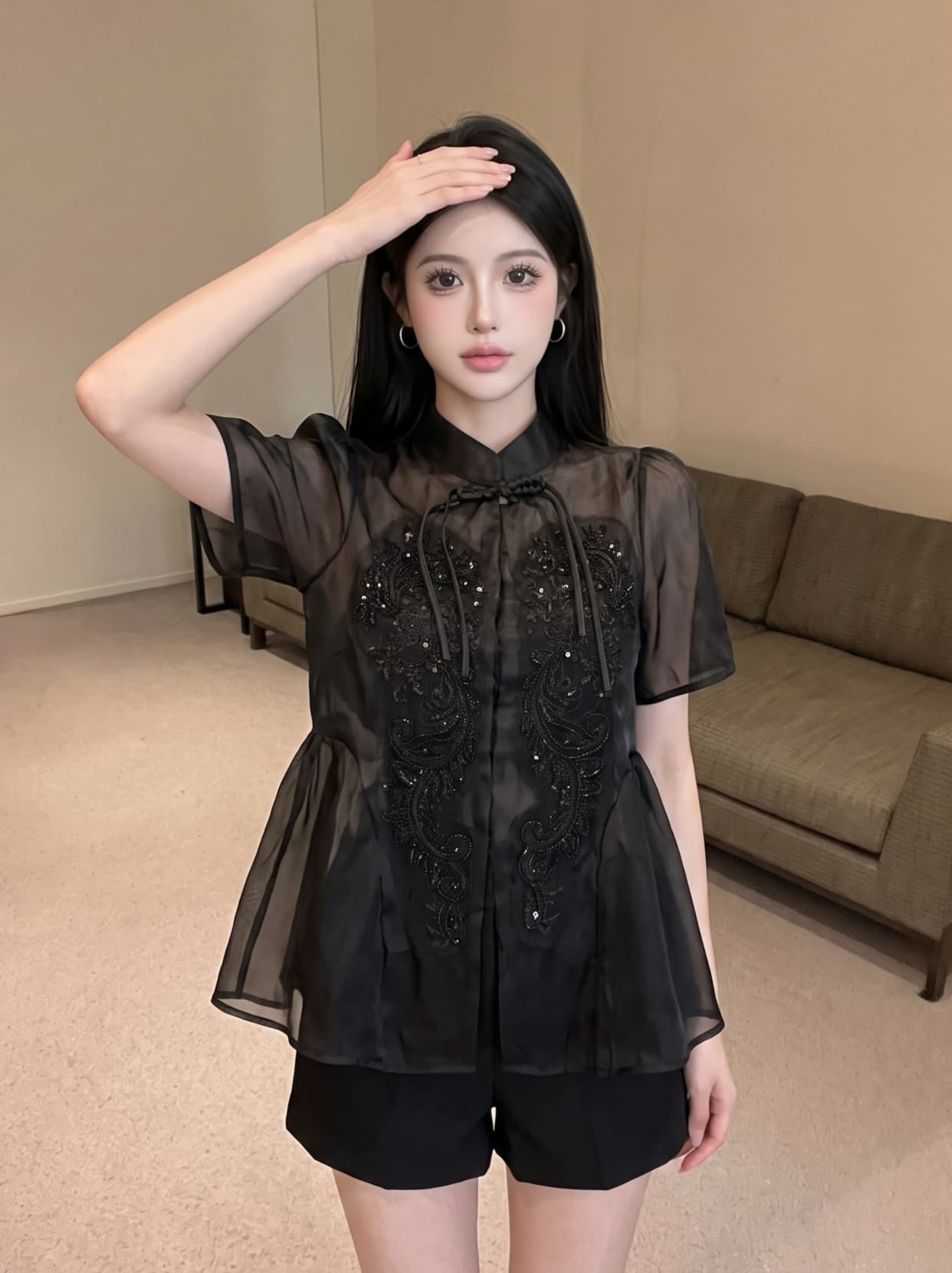 실사 프랑스식 궁정 바람 무거운 작업 스팽글 단추 반팔 셔츠 새로운 중식 품격 루즈핏 다용도 맨위 상세 이미지 10