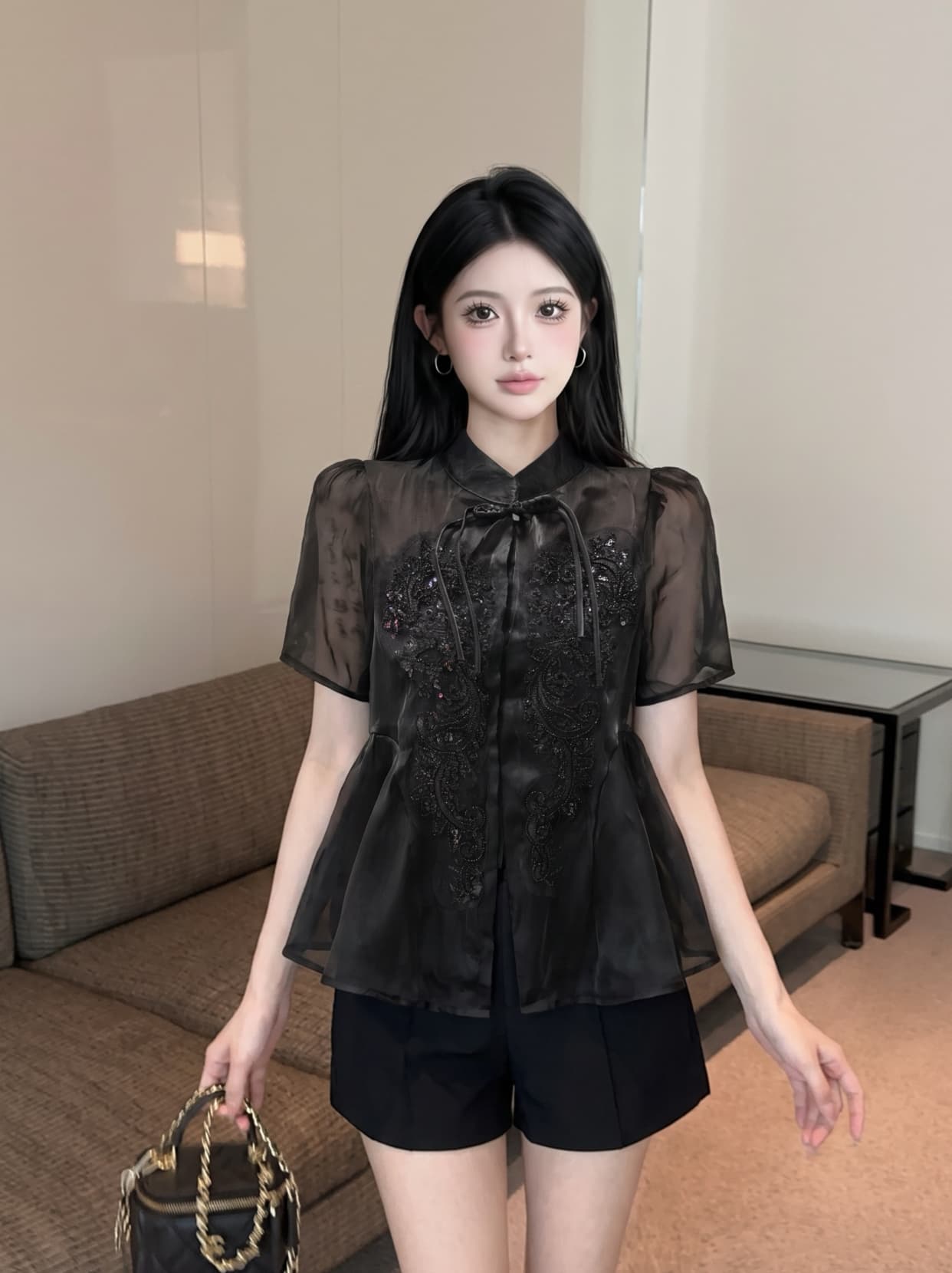 실사 프랑스식 궁정 바람 무거운 작업 스팽글 단추 반팔 셔츠 새로운 중식 품격 루즈핏 다용도 맨위 상세 이미지 11
