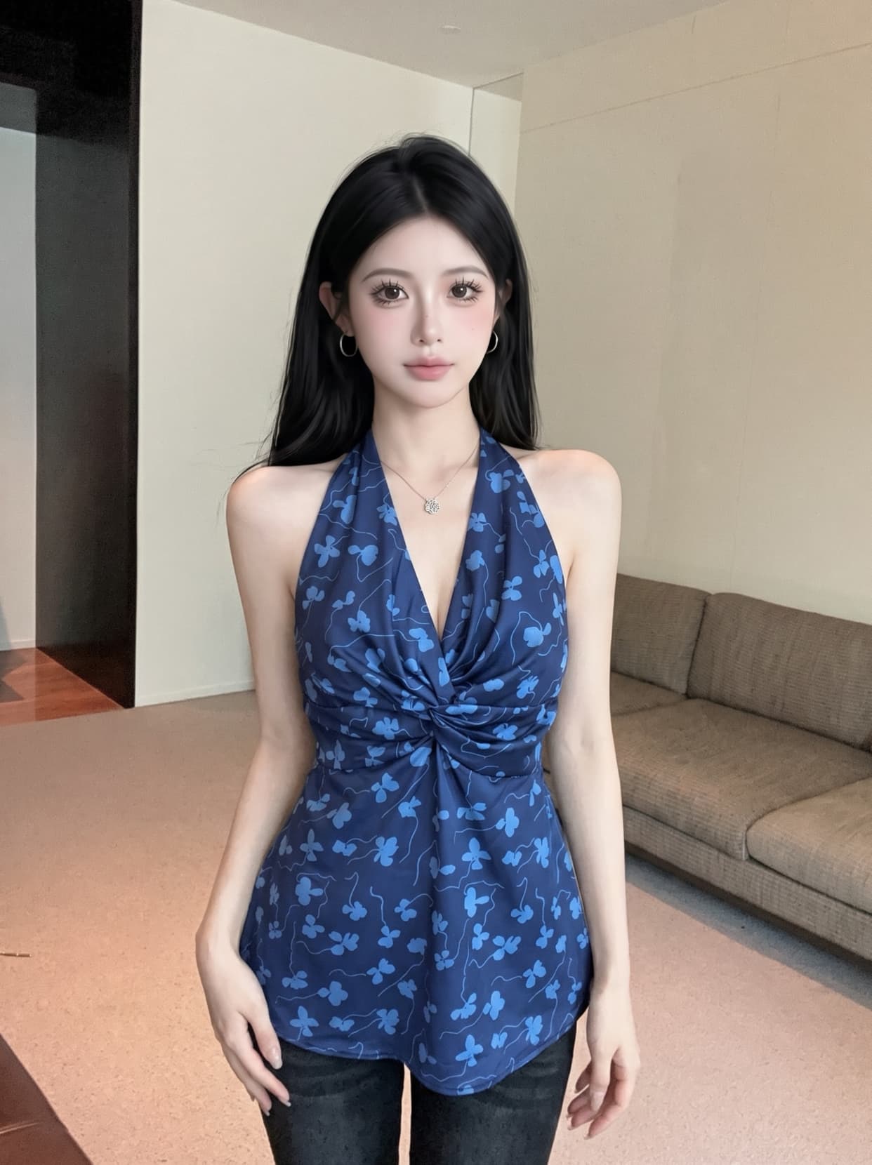 실사 프랑스식 파란색 꽃무늬 비틀림 행침 목 V넥 캐미솔 디자인 센스 핫걸 외출용 민소매 맨위 상세 이미지 3
