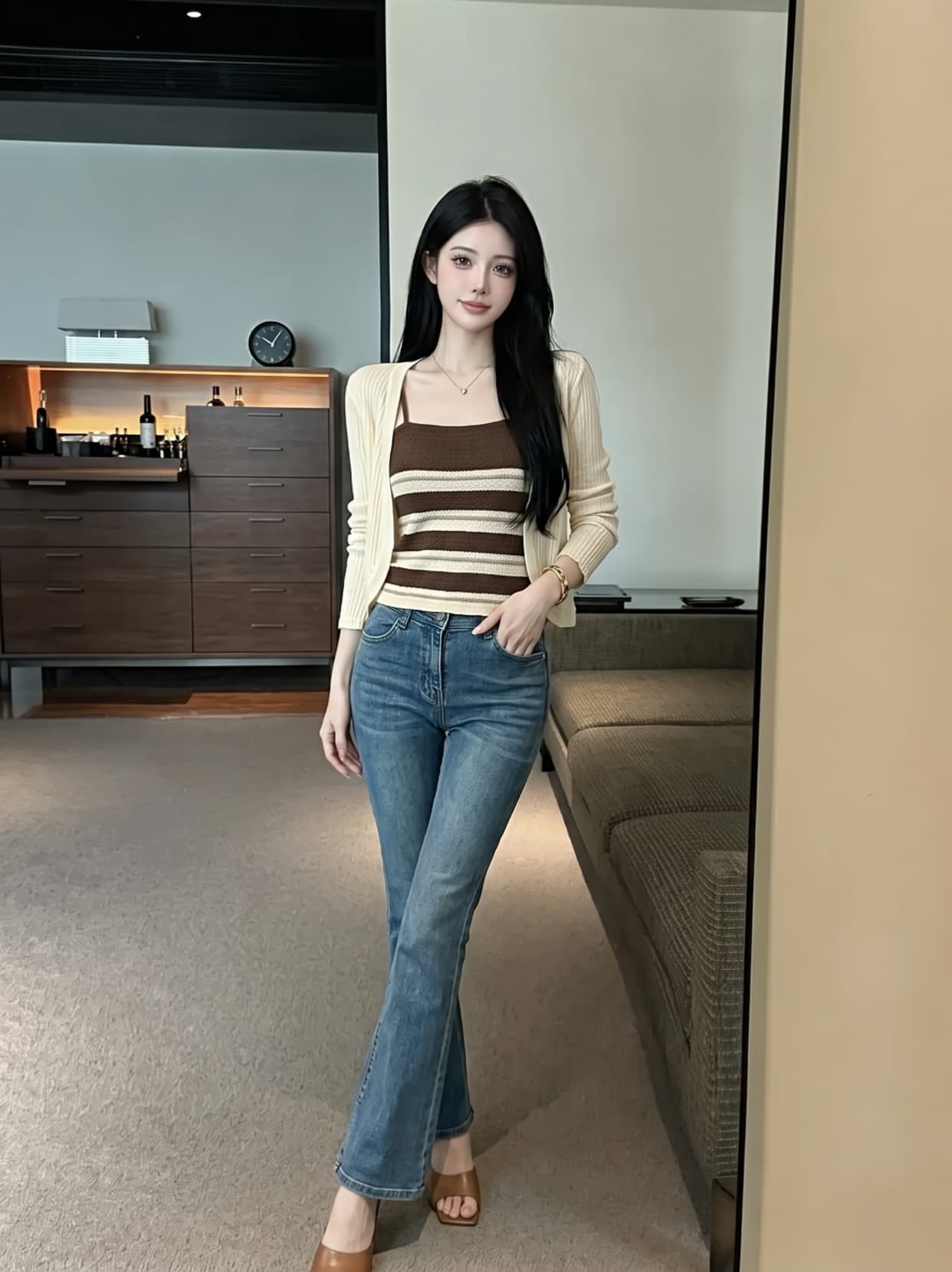 실사 빛 요리 한 지성 출퇴근 바람 스트라이프 슬립 자외선 차단 니트 오픈 가디건 투피스 세트 배색 여름 다용도 세트 상세 이미지 1