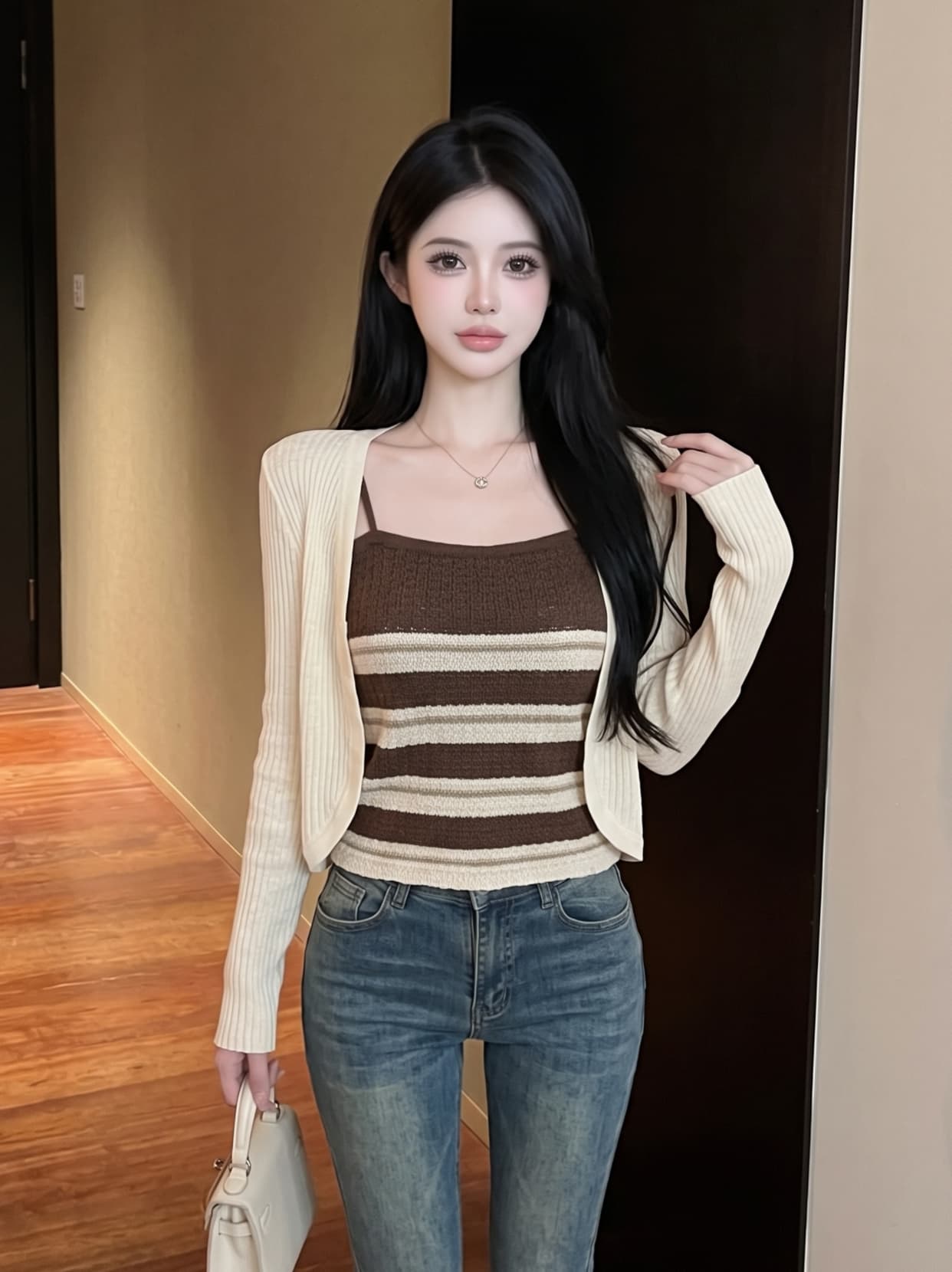 실사 빛 요리 한 지성 출퇴근 바람 스트라이프 슬립 자외선 차단 니트 오픈 가디건 투피스 세트 배색 여름 다용도 세트 상세 이미지 2
