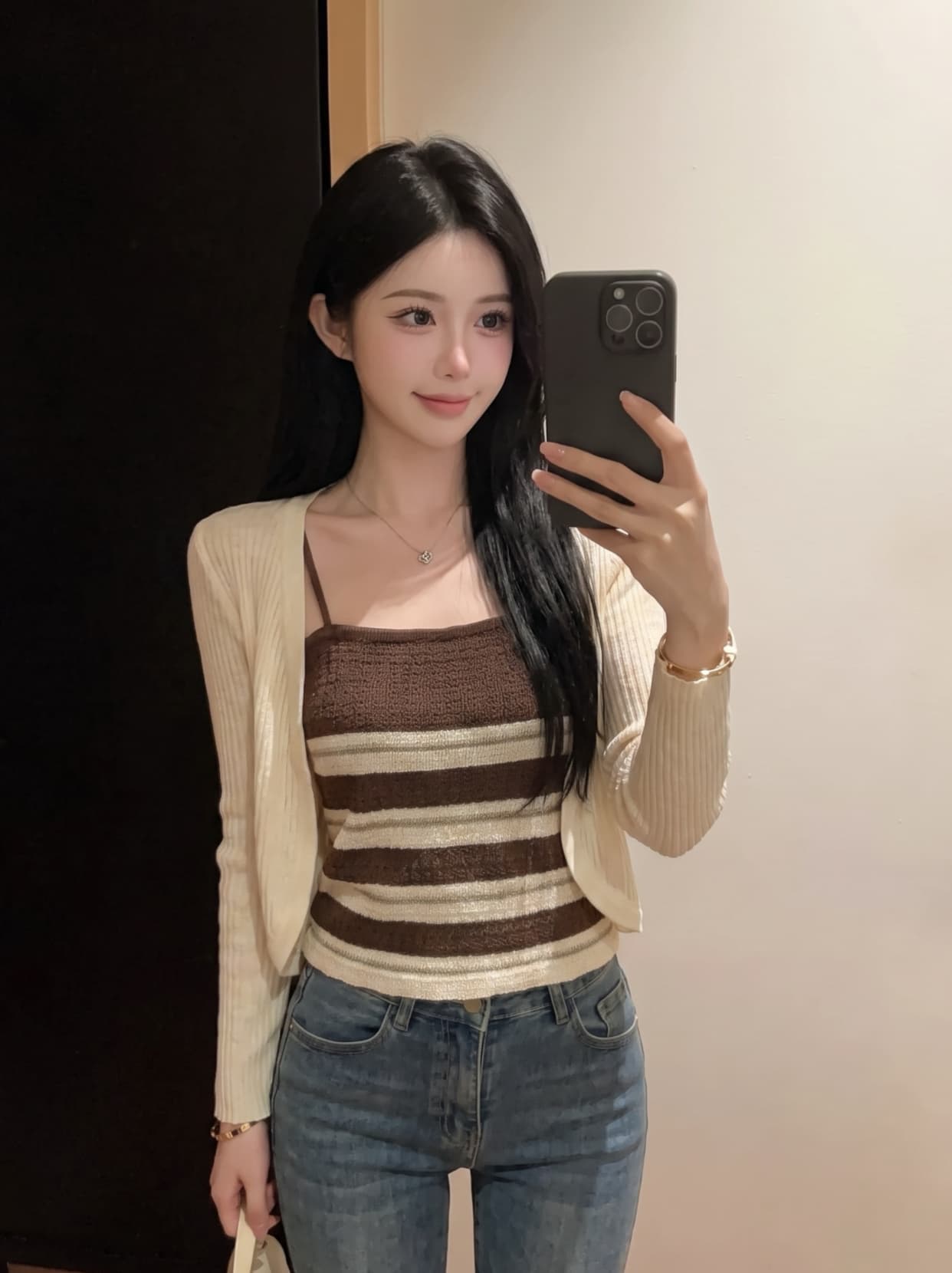 실사 빛 요리 한 지성 출퇴근 바람 스트라이프 슬립 자외선 차단 니트 오픈 가디건 투피스 세트 배색 여름 다용도 세트 상세 이미지 4
