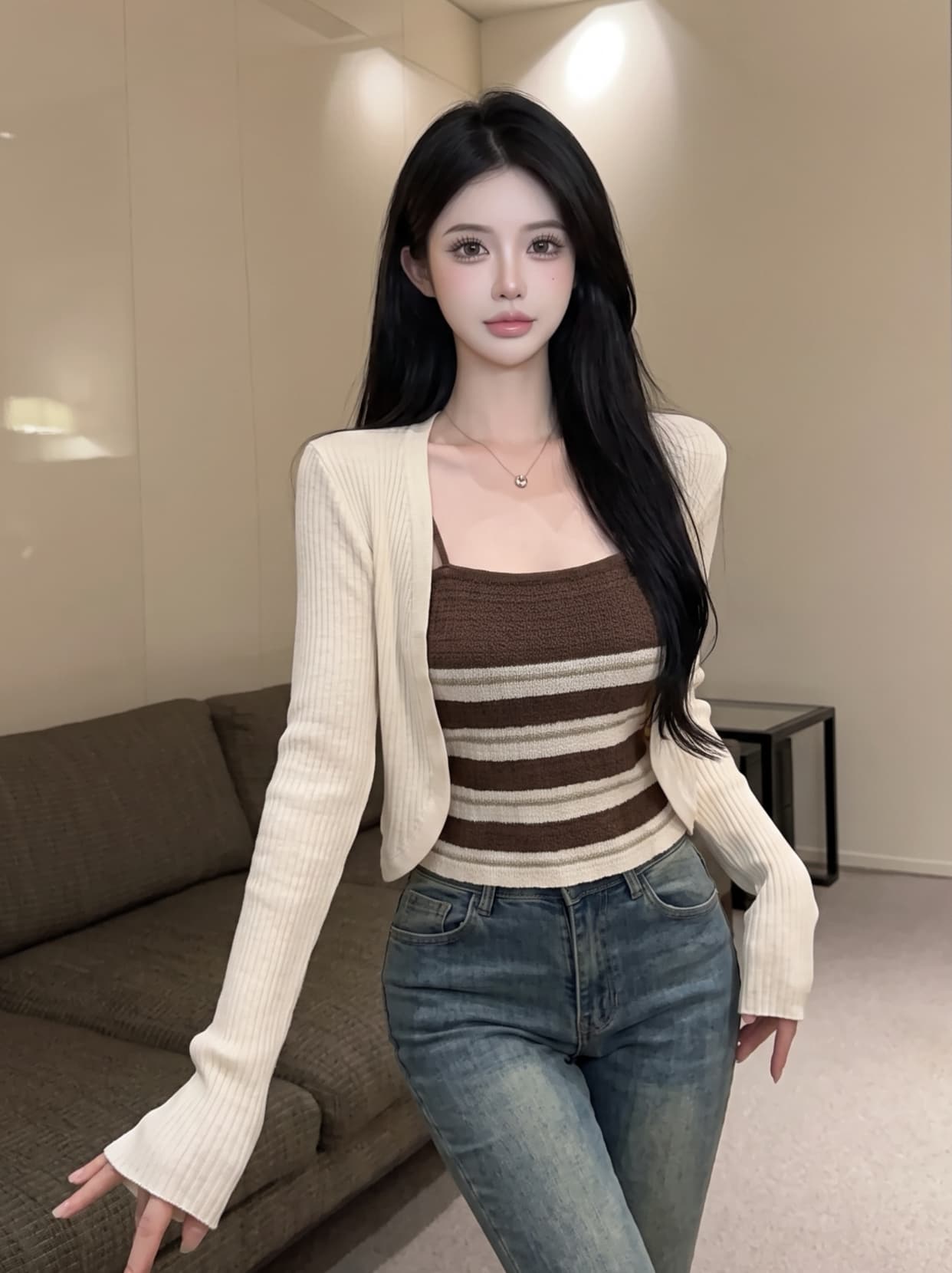 실사 빛 요리 한 지성 출퇴근 바람 스트라이프 슬립 자외선 차단 니트 오픈 가디건 투피스 세트 배색 여름 다용도 세트 상세 이미지 5