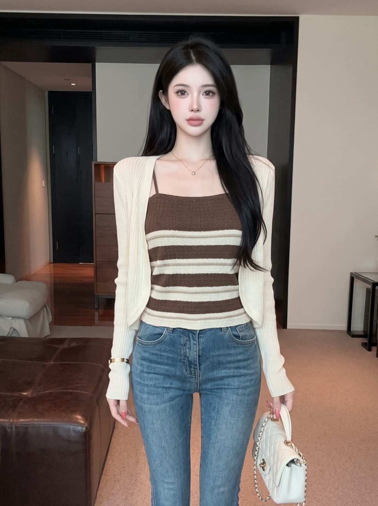 실사 빛 요리 한 지성 출퇴근 바람 스트라이프 슬립 자외선 차단 니트 오픈 가디건 투피스 세트 배색 여름 다용도 세트 상세 이미지 6
