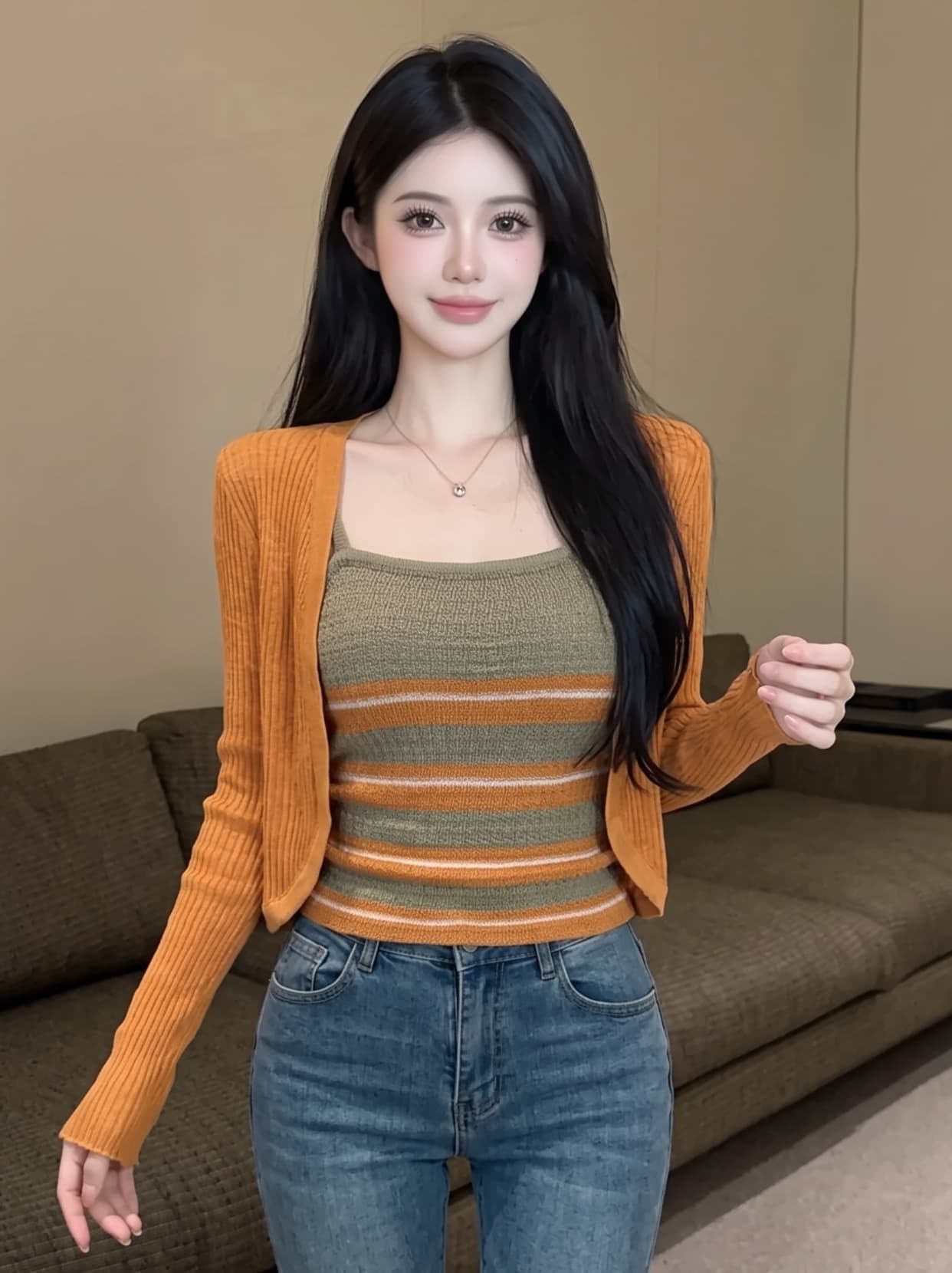 실사 빛 요리 한 지성 출퇴근 바람 스트라이프 슬립 자외선 차단 니트 오픈 가디건 투피스 세트 배색 여름 다용도 세트 상세 이미지 12