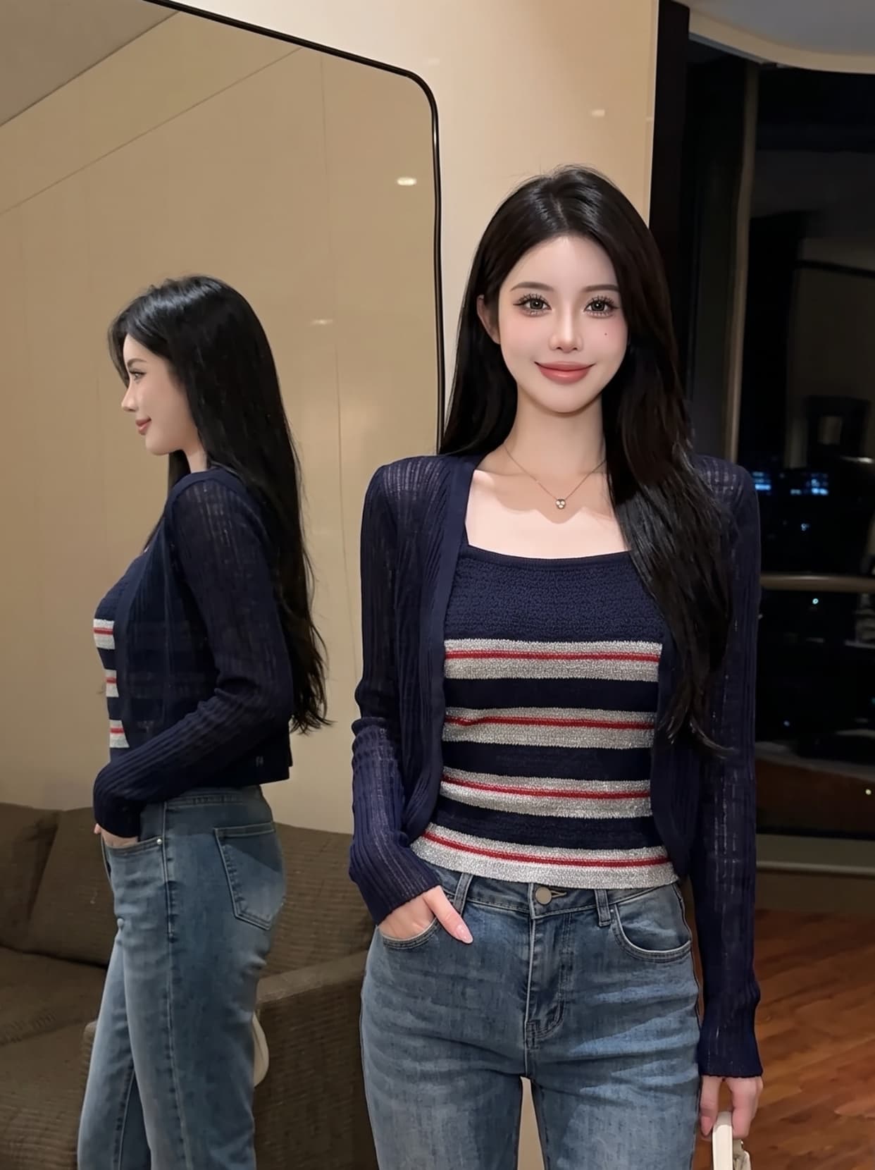 실사 빛 요리 한 지성 출퇴근 바람 스트라이프 슬립 자외선 차단 니트 오픈 가디건 투피스 세트 배색 여름 다용도 세트 상세 이미지 15