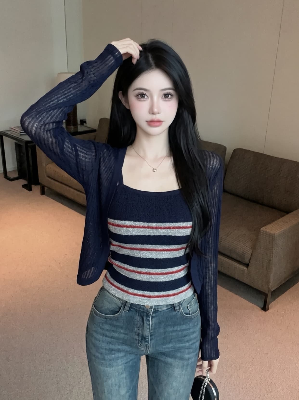 실사 빛 요리 한 지성 출퇴근 바람 스트라이프 슬립 자외선 차단 니트 오픈 가디건 투피스 세트 배색 여름 다용도 세트 상세 이미지 16