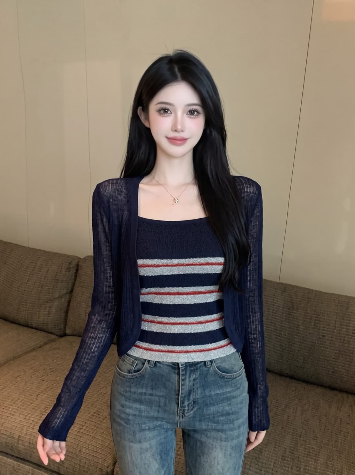 실사 빛 요리 한 지성 출퇴근 바람 스트라이프 슬립 자외선 차단 니트 오픈 가디건 투피스 세트 배색 여름 다용도 세트 상세 이미지 17