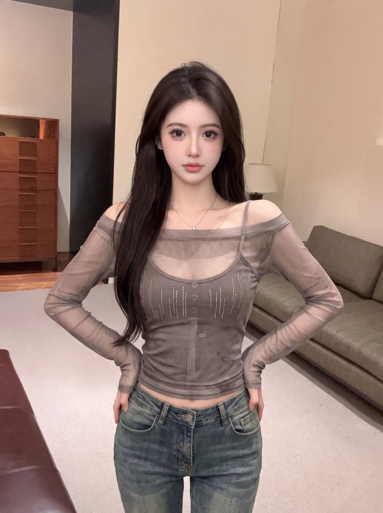 실사 디자인 센스 페이크 레이어드 패치워크 핫픽스 하프 ~을 통해 망사 티셔츠 여성 오프숄더 몸매 가꾸기 슬림해 보이는 긴팔 맨위 상세 이미지 7