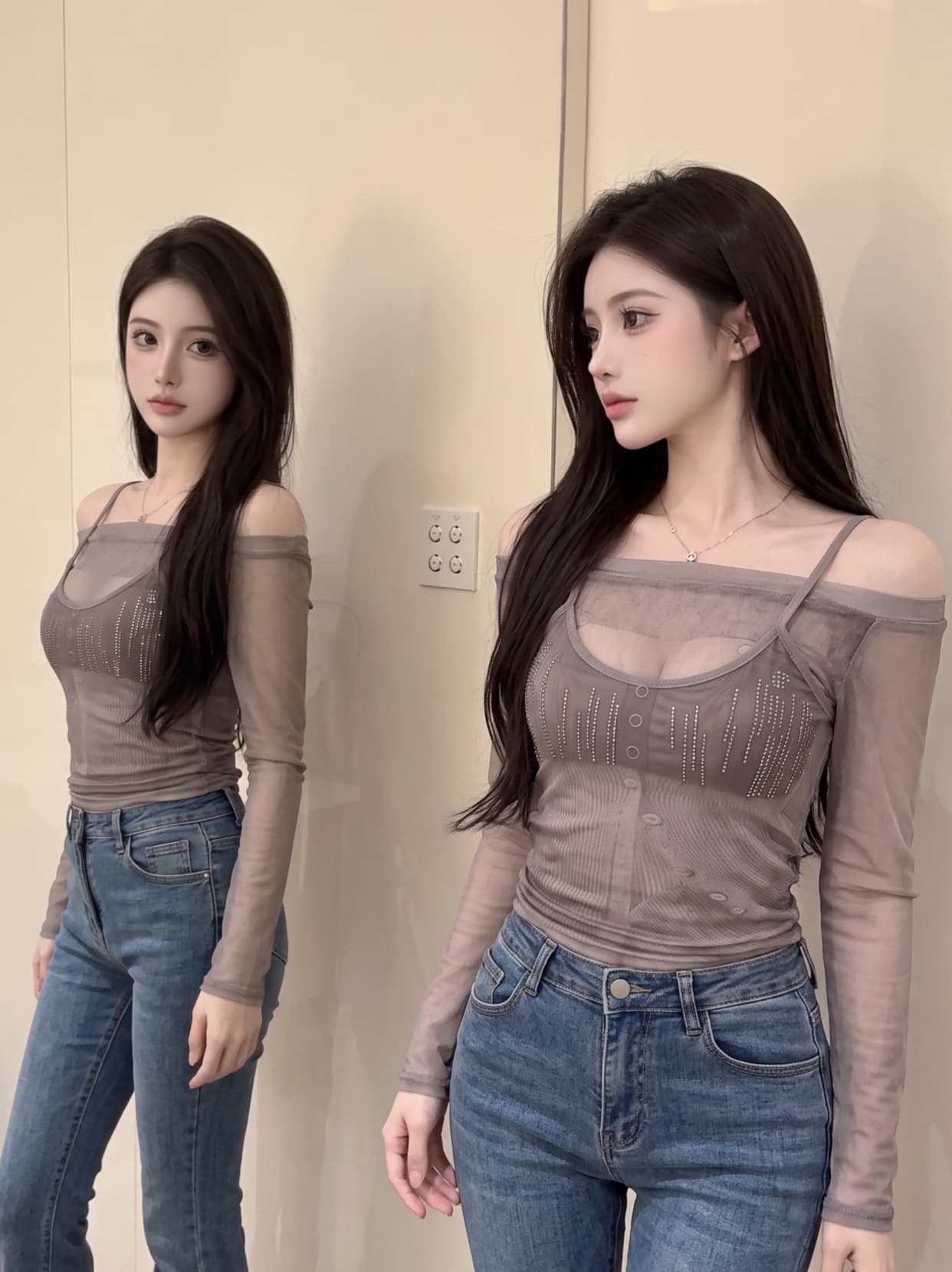 실사 디자인 센스 페이크 레이어드 패치워크 핫픽스 하프 ~을 통해 망사 티셔츠 여성 오프숄더 몸매 가꾸기 슬림해 보이는 긴팔 맨위 상세 이미지 9