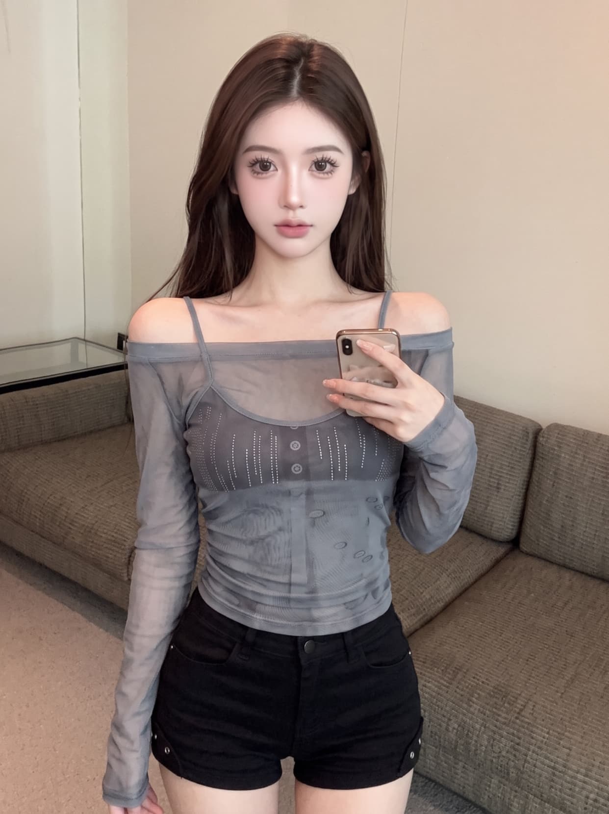 실사 디자인 센스 페이크 레이어드 패치워크 핫픽스 하프 ~을 통해 망사 티셔츠 여성 오프숄더 몸매 가꾸기 슬림해 보이는 긴팔 맨위 상세 이미지 13