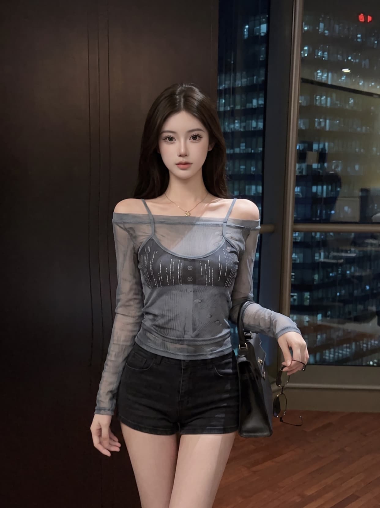 실사 디자인 센스 페이크 레이어드 패치워크 핫픽스 하프 ~을 통해 망사 티셔츠 여성 오프숄더 몸매 가꾸기 슬림해 보이는 긴팔 맨위 상세 이미지 17
