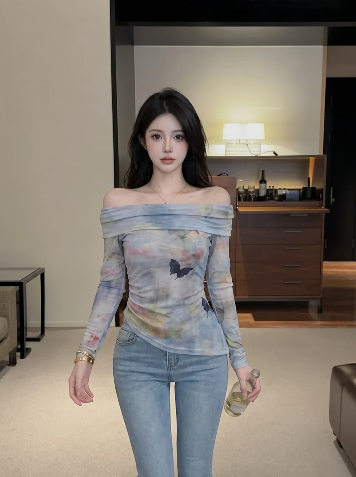 실사 이른 가을 한국 스타일 새로운 보트넥 나비 프린트 몸매 가꾸기 슬림해 보이는 불규칙 긴팔 티셔츠 맨위 여성 상세 이미지 2