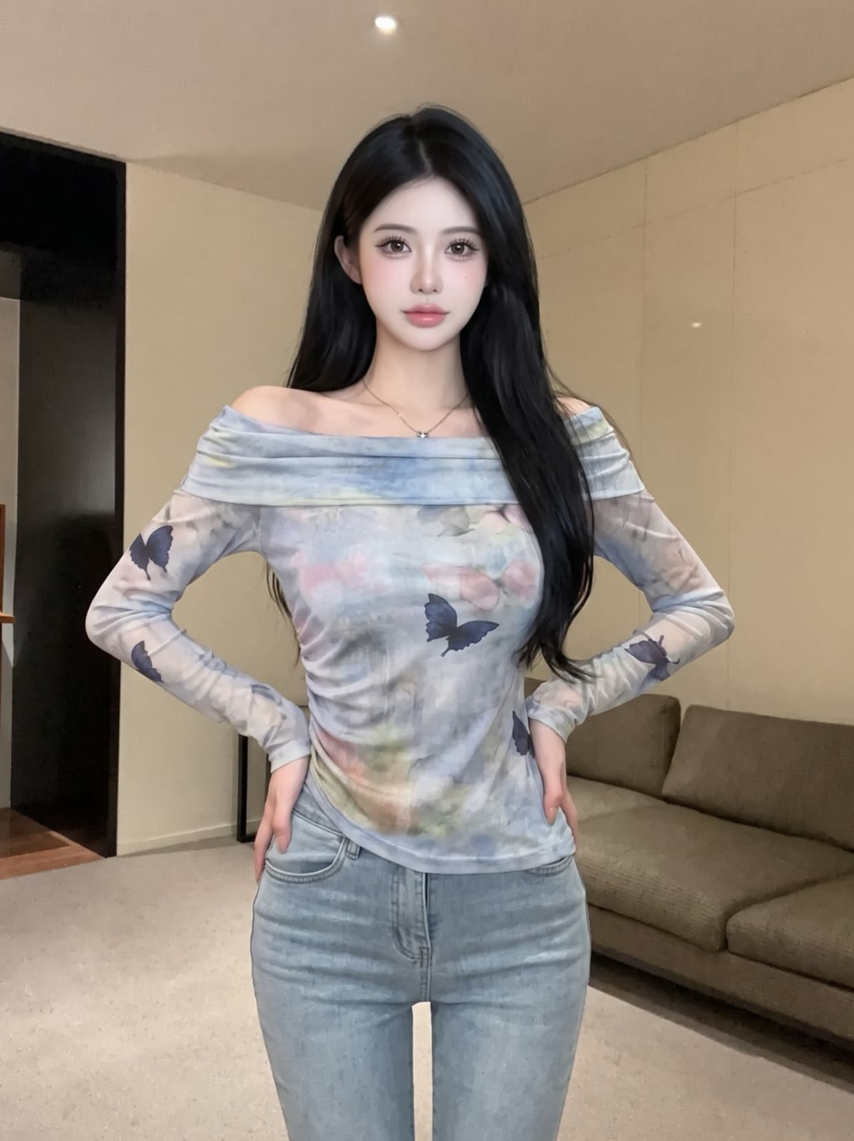 실사 이른 가을 한국 스타일 새로운 보트넥 나비 프린트 몸매 가꾸기 슬림해 보이는 불규칙 긴팔 티셔츠 맨위 여성 상세 이미지 3