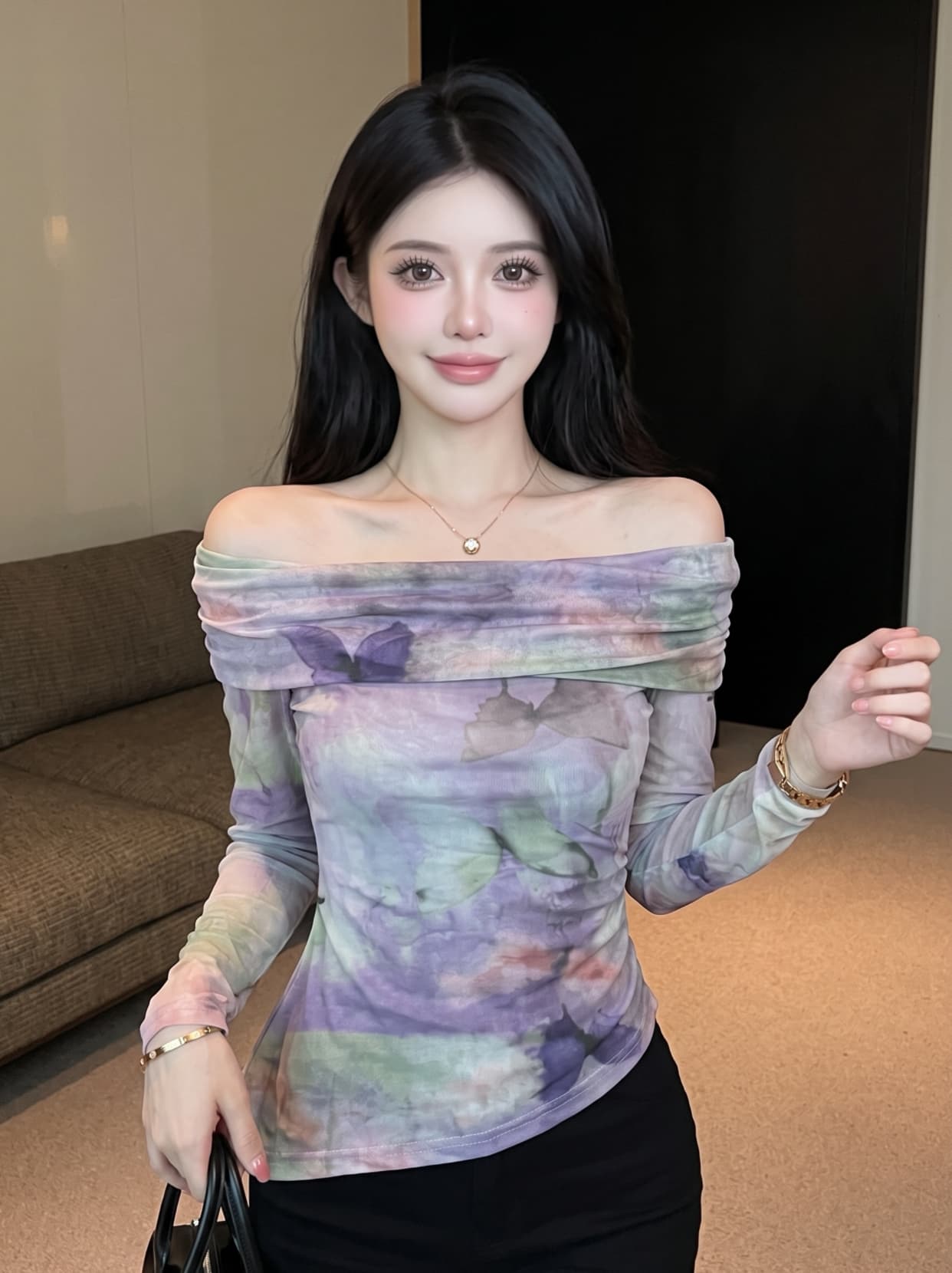 실사 이른 가을 한국 스타일 새로운 보트넥 나비 프린트 몸매 가꾸기 슬림해 보이는 불규칙 긴팔 티셔츠 맨위 여성 상세 이미지 9