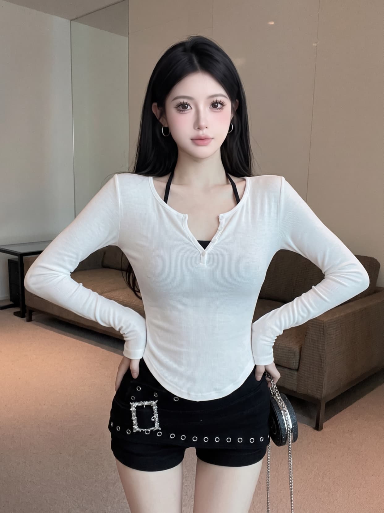 실사 핫걸 착용 가져 가라. v 긴팔 티셔츠 여성 인사이드 가져 가라. 순수한 욕망 슈퍼 디스플레이 몸 만나는 슬립 맨위 투피스 세트 상세 이미지 4
