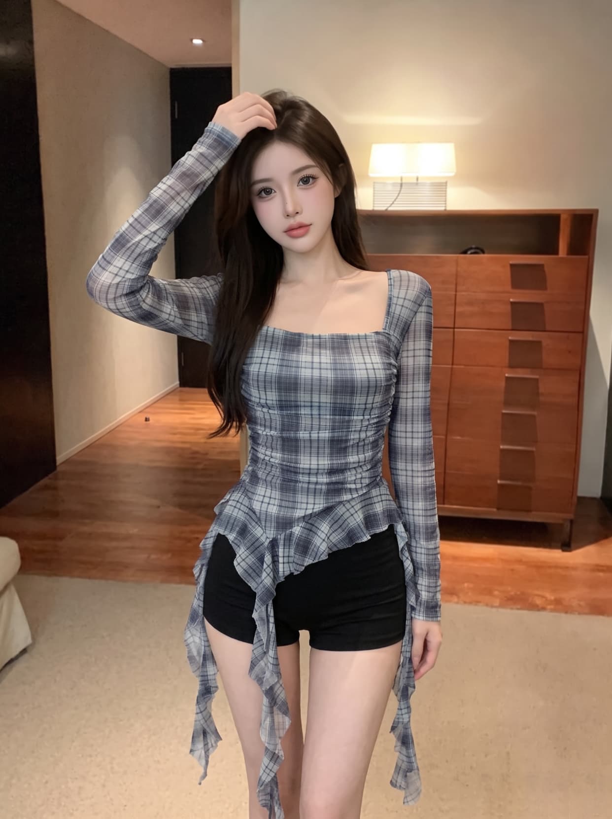 실사 낮은 가슴 체크무늬 주름 프릴 리본 긴팔 망사 맨위 불규칙 풀오버 티셔츠 여성 이미지 4