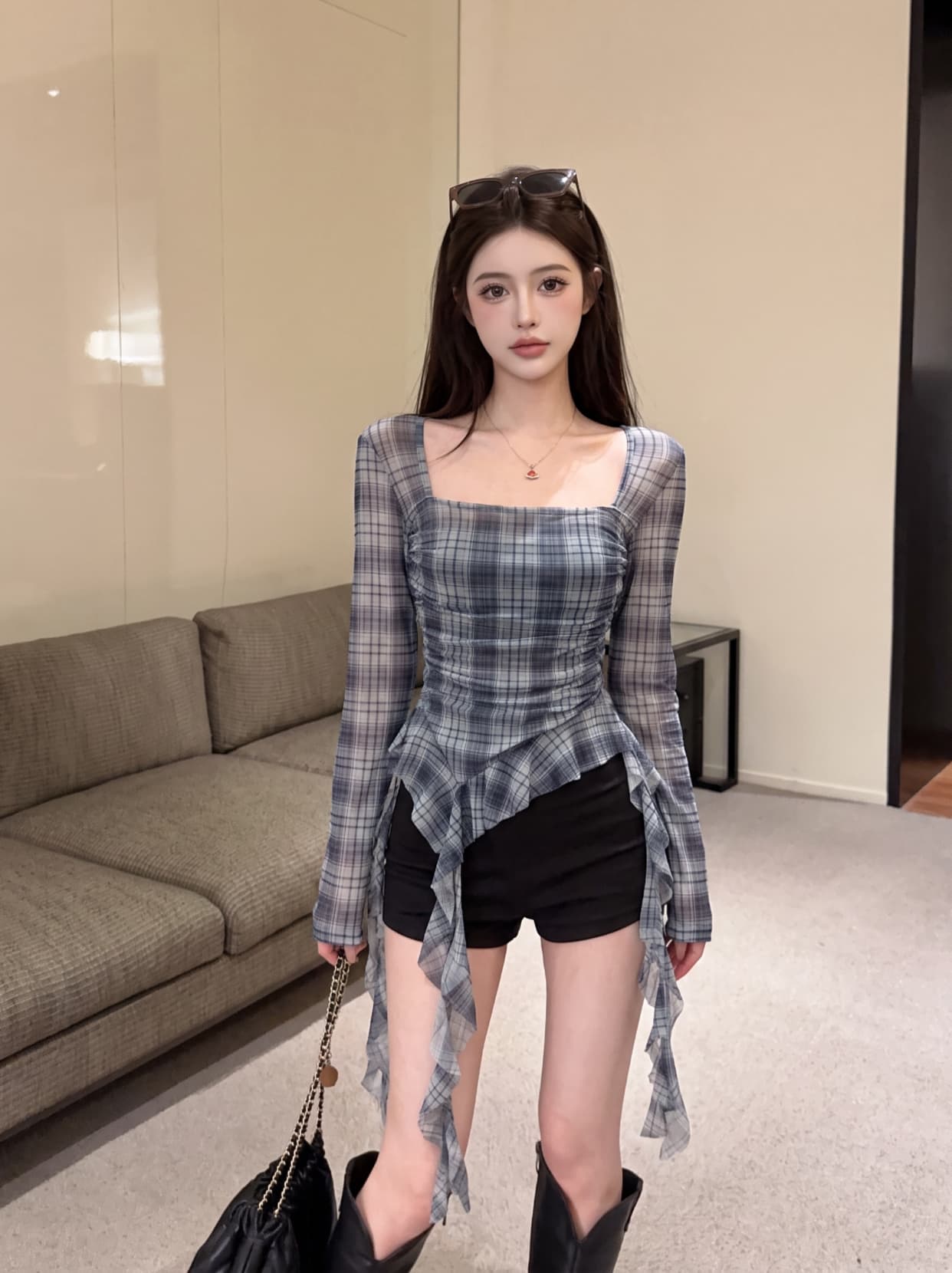 실사 낮은 가슴 체크무늬 주름 프릴 리본 긴팔 망사 맨위 불규칙 풀오버 티셔츠 여성 상세 이미지 2