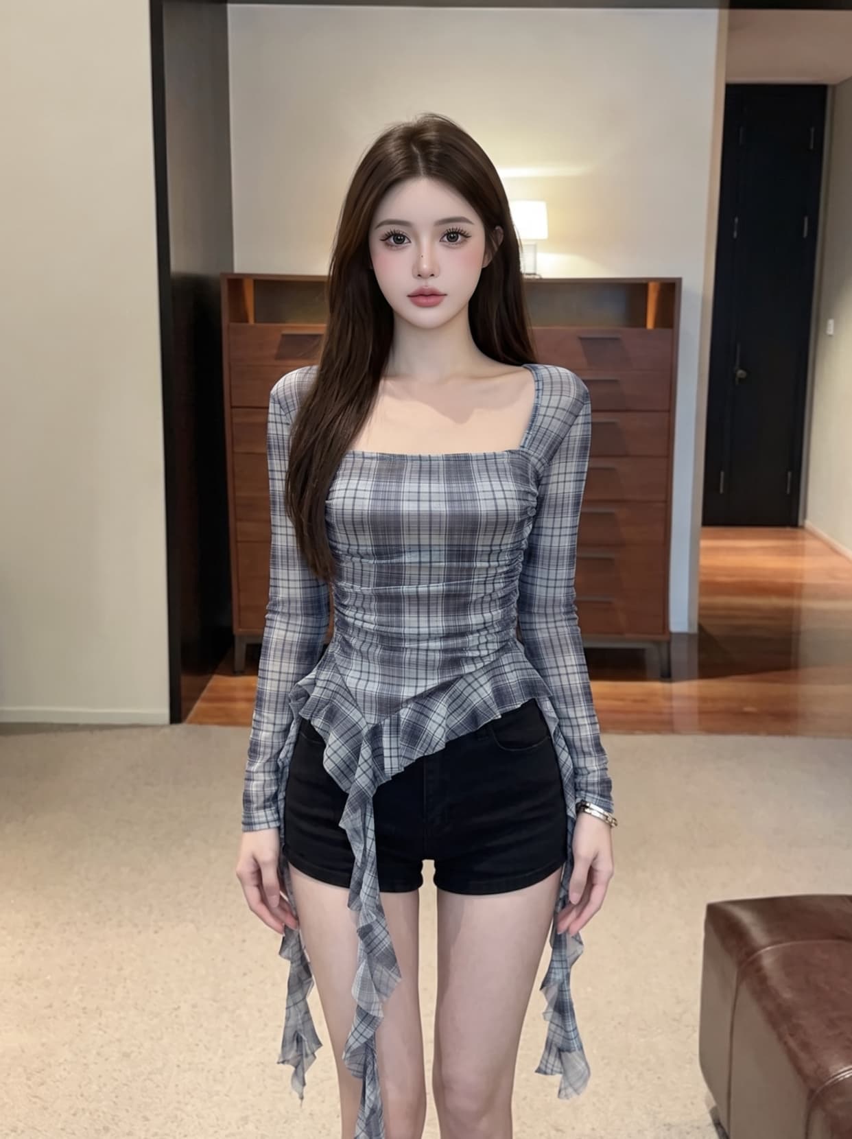 실사 낮은 가슴 체크무늬 주름 프릴 리본 긴팔 망사 맨위 불규칙 풀오버 티셔츠 여성 상세 이미지 4
