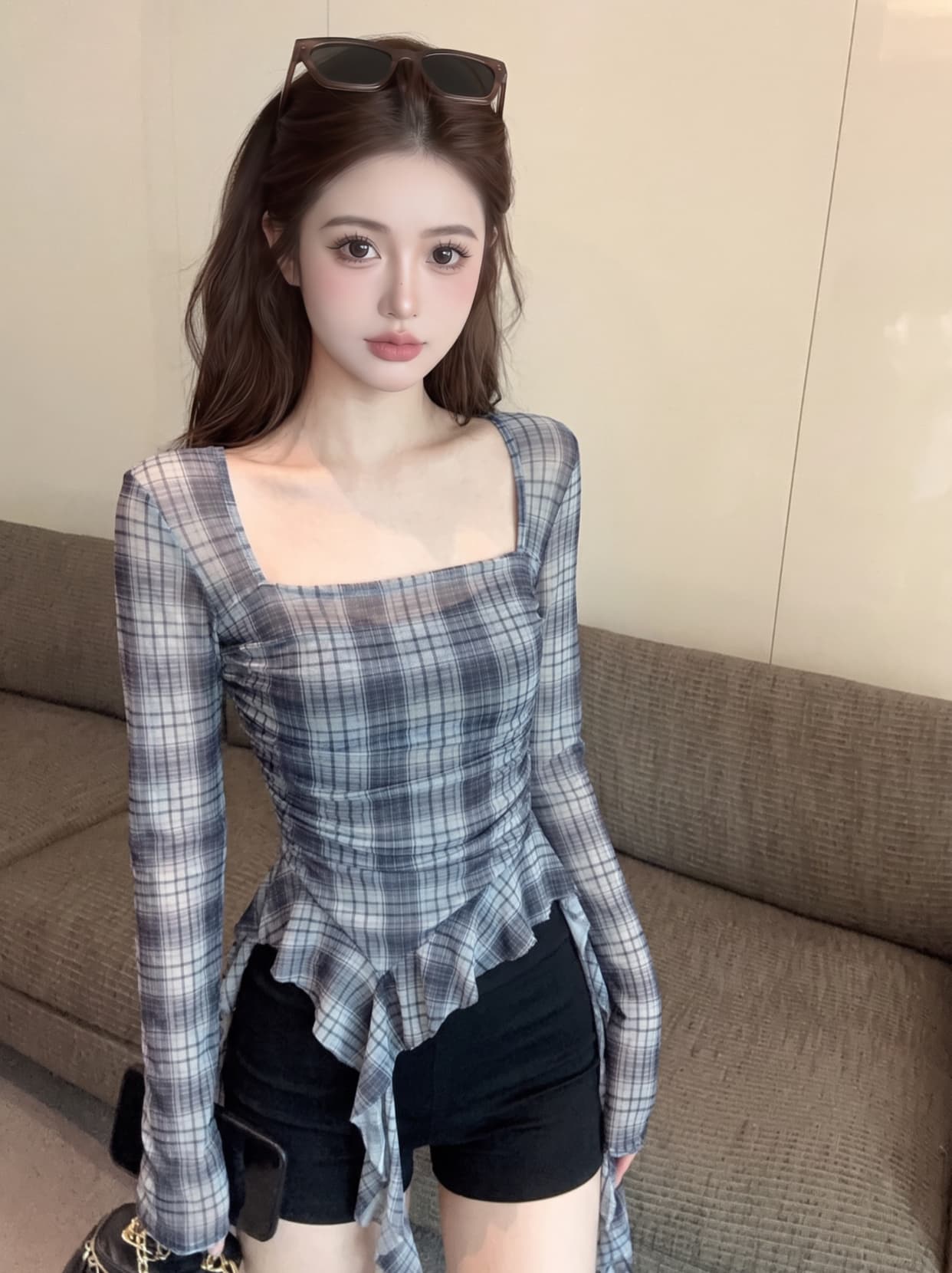 실사 낮은 가슴 체크무늬 주름 프릴 리본 긴팔 망사 맨위 불규칙 풀오버 티셔츠 여성 상세 이미지 6
