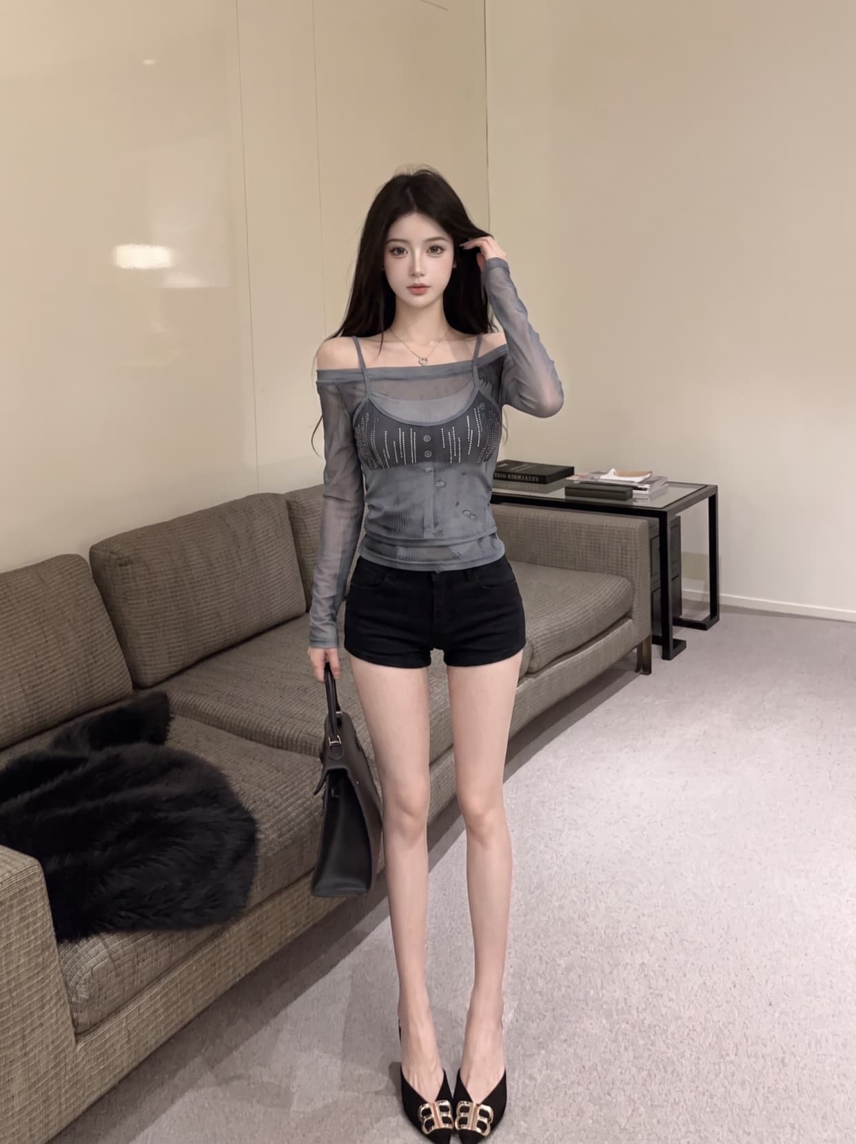 실사 디자인 센스 페이크 레이어드 패치워크 핫픽스 하프 ~을 통해 망사 티셔츠 여성 오프숄더 몸매 가꾸기 슬림해 보이는 긴팔 맨위 이미지 4