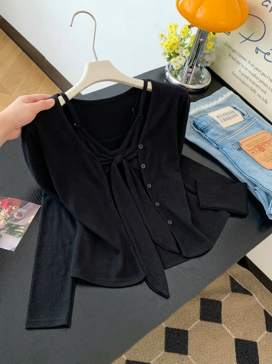 실사 순수한 욕망 섹시함 핫걸 달콤함 다용도 아름다움 뒤로 작은 슬링 인사이드 벨트 가슴 패드 플러스 긴팔 오픈 가디건 외부 가져 가라. 가을 상세 이미지 17